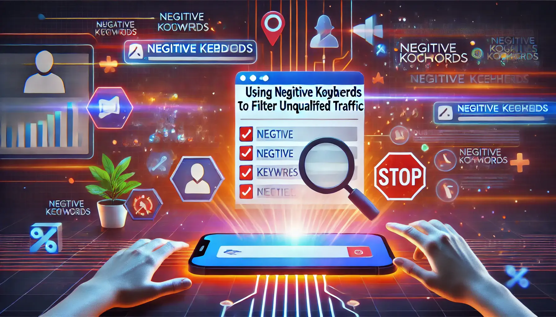 An illustration showing the process of using negative keywords to filter out unqualified traffic.