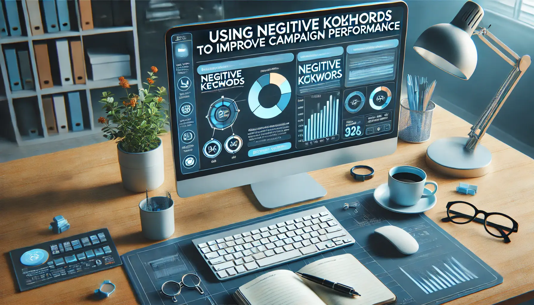 A digital marketing dashboard displaying negative keywords and performance metrics.