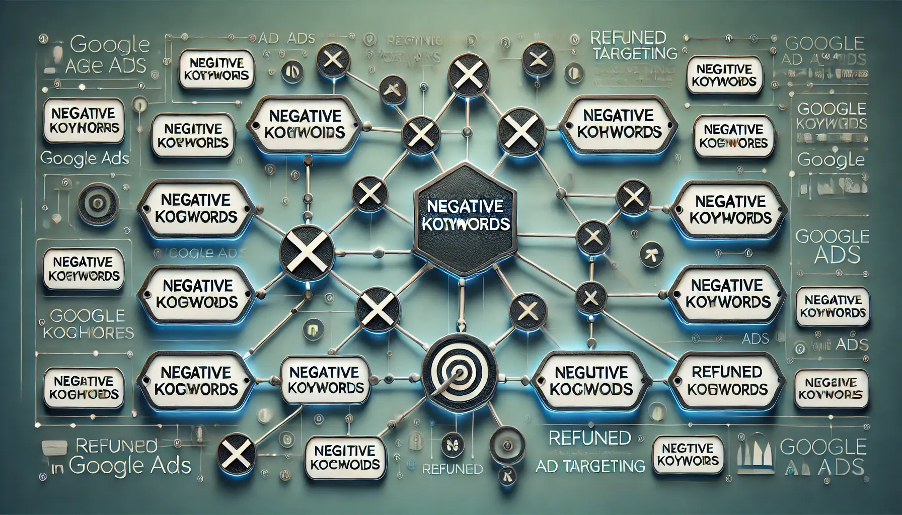 A visual representation of keywords with some crossed out, symbolizing negative keywords connected to refined ad targeting icons.