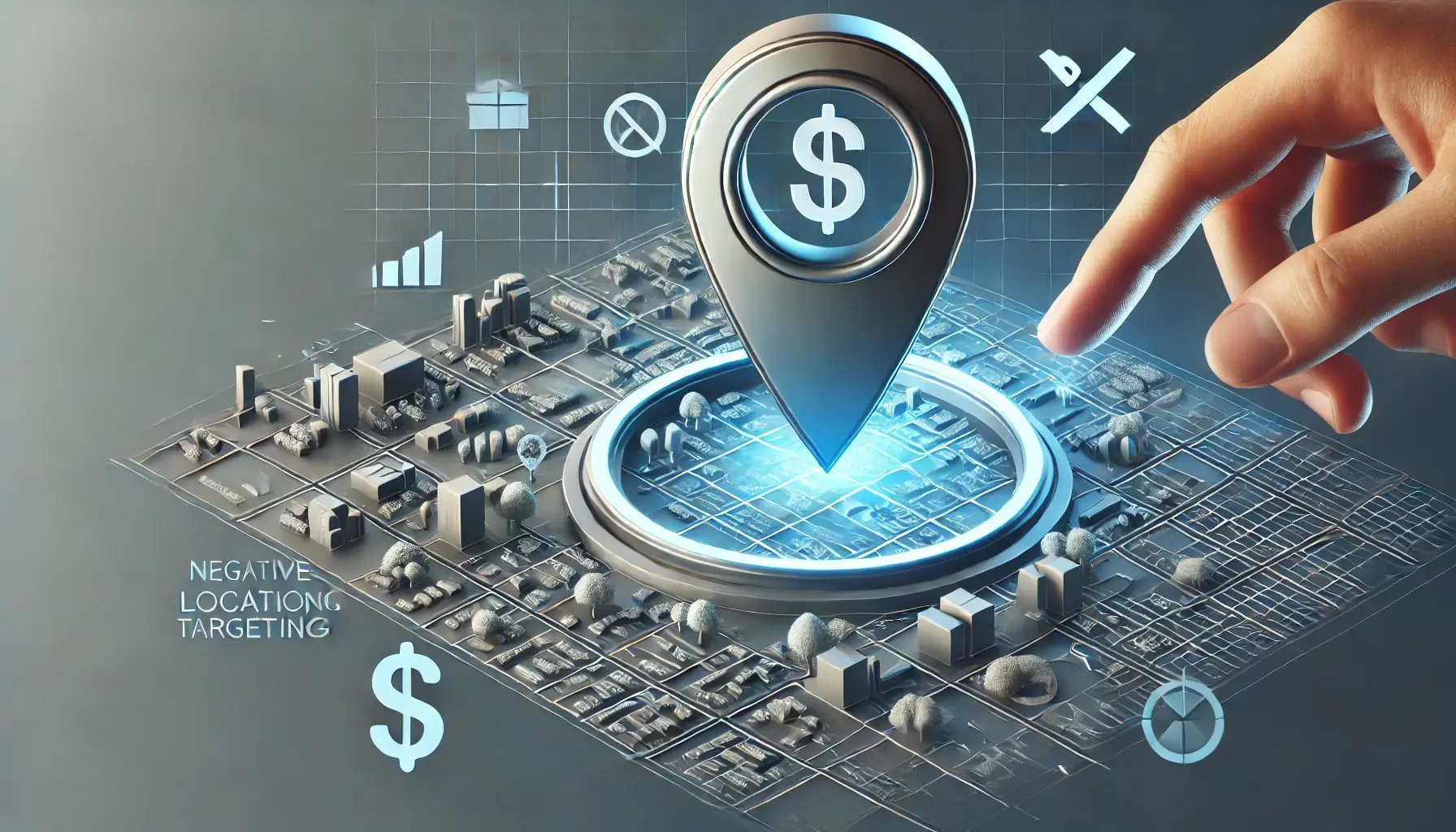 A digital map with excluded regions marked for cost optimization through negative location targeting in digital marketing