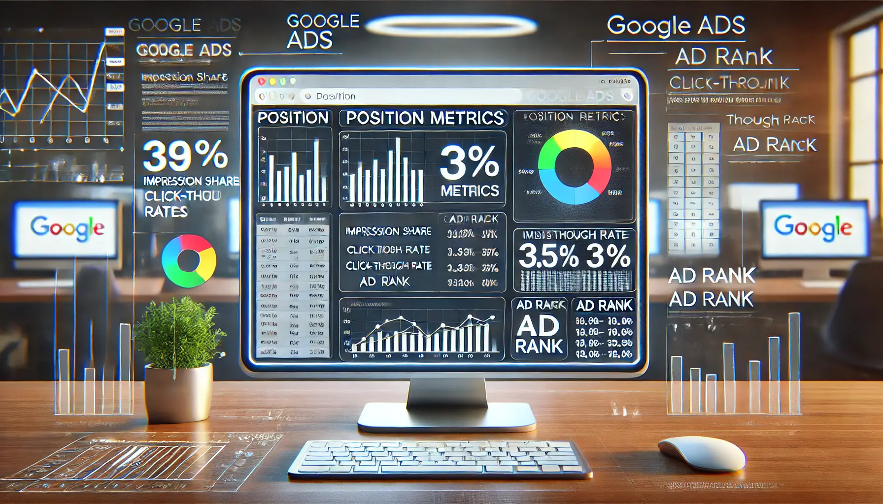 A realistic illustration depicting the use of position metrics to optimize Google Ads campaigns, featuring a computer screen with a dashboard showing performance metrics.