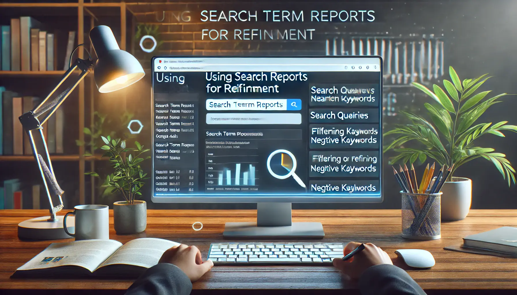 Digital workspace showing a search term report tool with metrics and options for refining negative keywords.