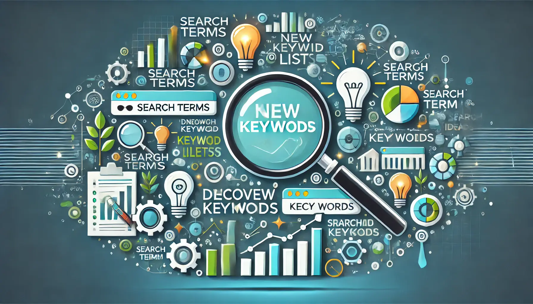 Visual representation of discovering new keywords using search terms, featuring magnifying glass, lightbulbs, and growth charts