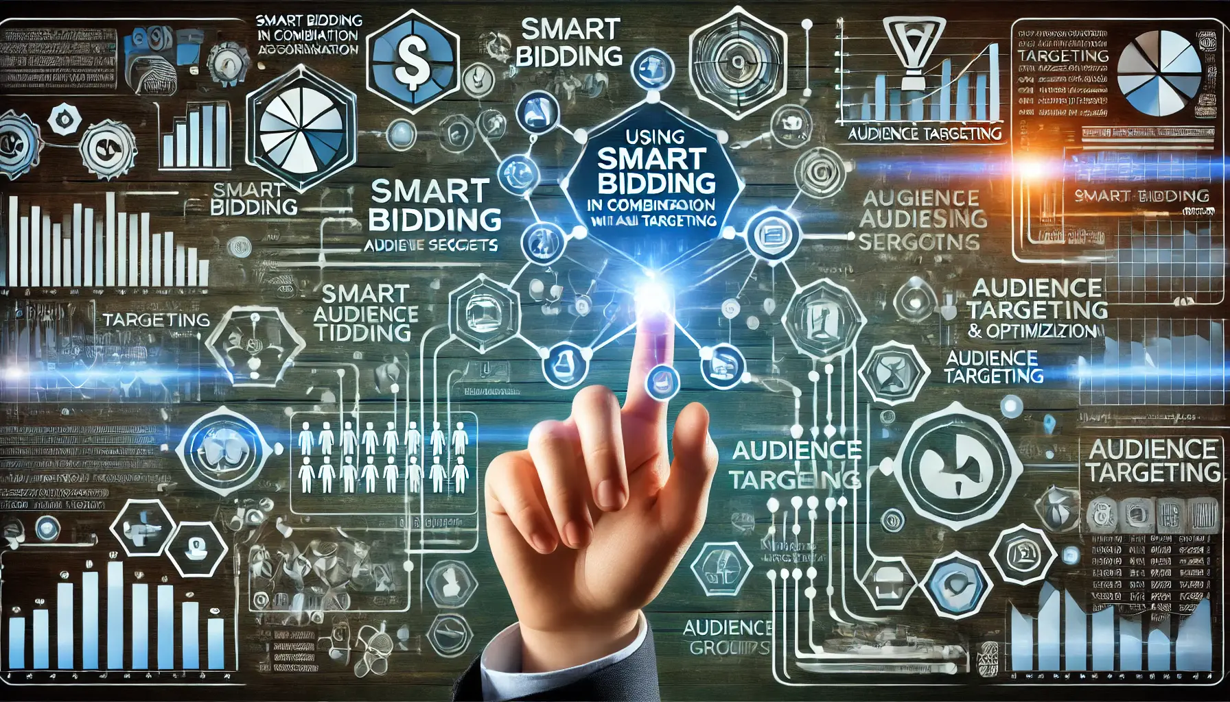 A visual representation of overlapping audience data segments and targeted pathways symbolizing the combination of Smart Bidding with audience targeting.