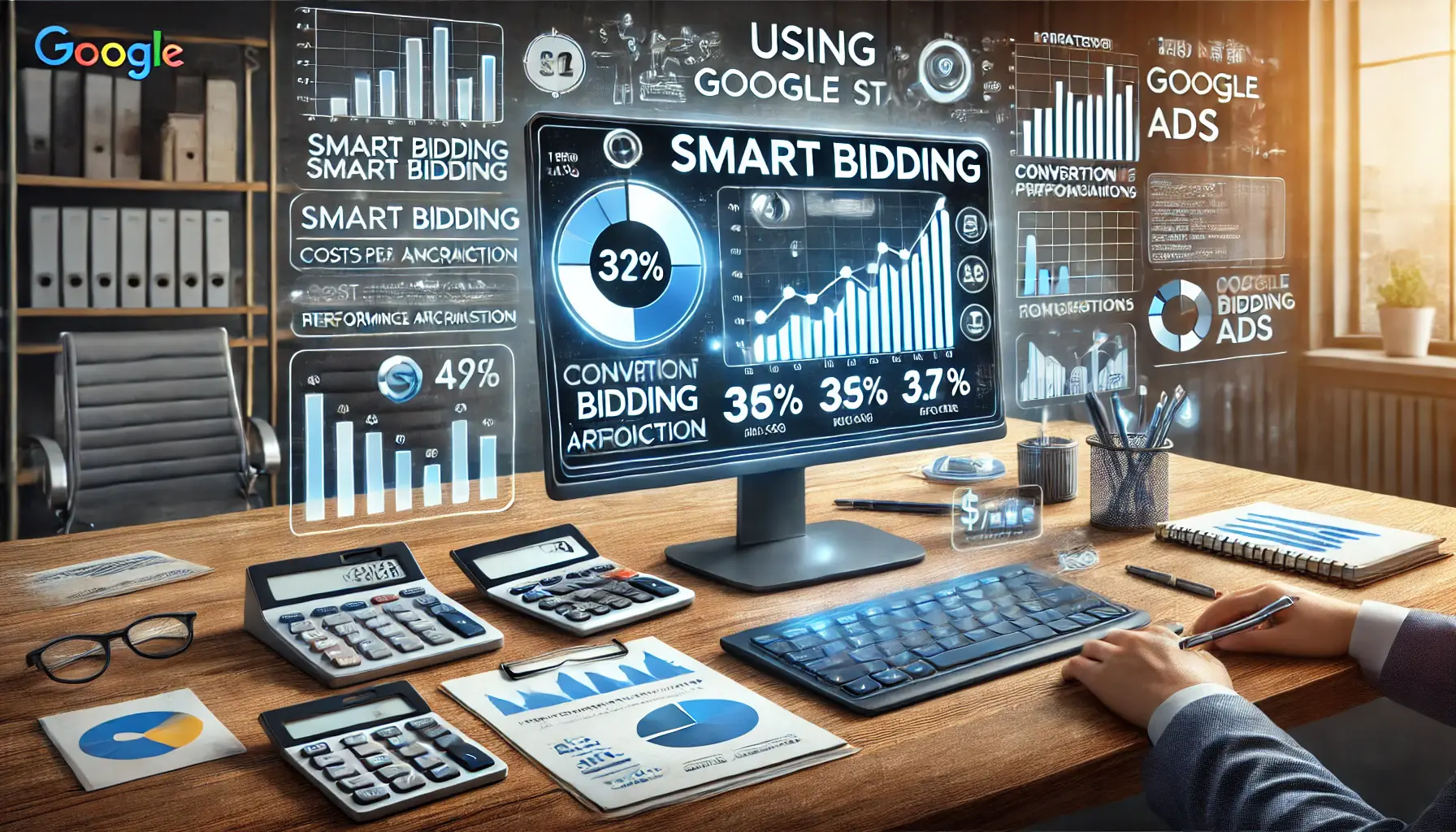 A modern office setup displaying smart bidding analytics and performance graphs for Google Ads.