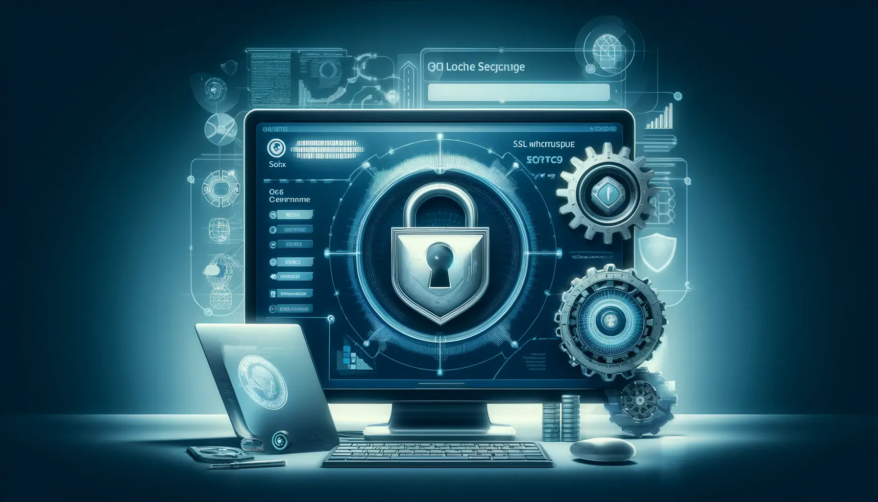 A computer screen displaying SSL certificate settings with a lock symbol, gears, and shields representing website security and encryption.