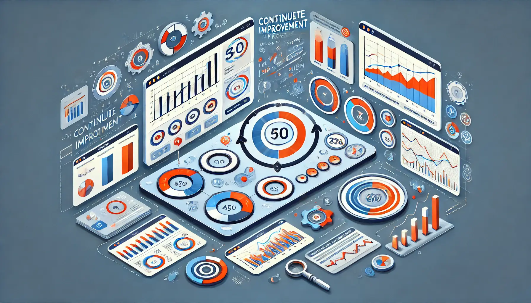 Illustration of a digital dashboard displaying tools like performance analytics, user behavior tracking, and A/B testing results.