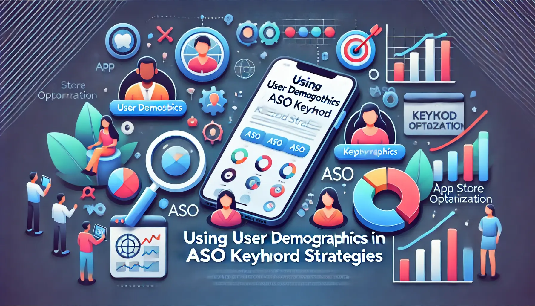 Image illustrating the integration of user demographics into ASO keyword strategies, featuring a mobile app interface with keyword analytics, demographic icons, and data graphs showing the impact of demographics on keyword selection.