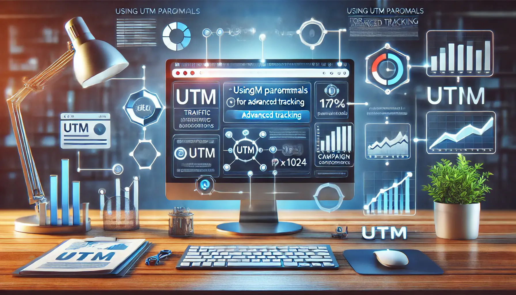 Image depicting a digital workspace with a computer showing a URL with UTM parameters highlighted, illustrating advanced tracking.