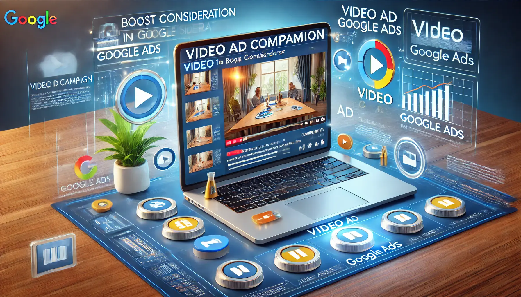 Digital marketing scene with a laptop displaying a video player interface for a product demonstration, surrounded by engagement icons like play buttons and user interaction symbols.