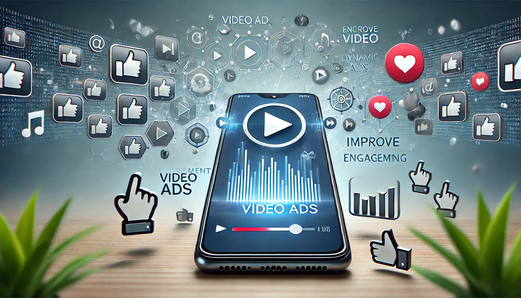 Smartphone displaying video ad with symbols of user interaction like play buttons and thumbs up