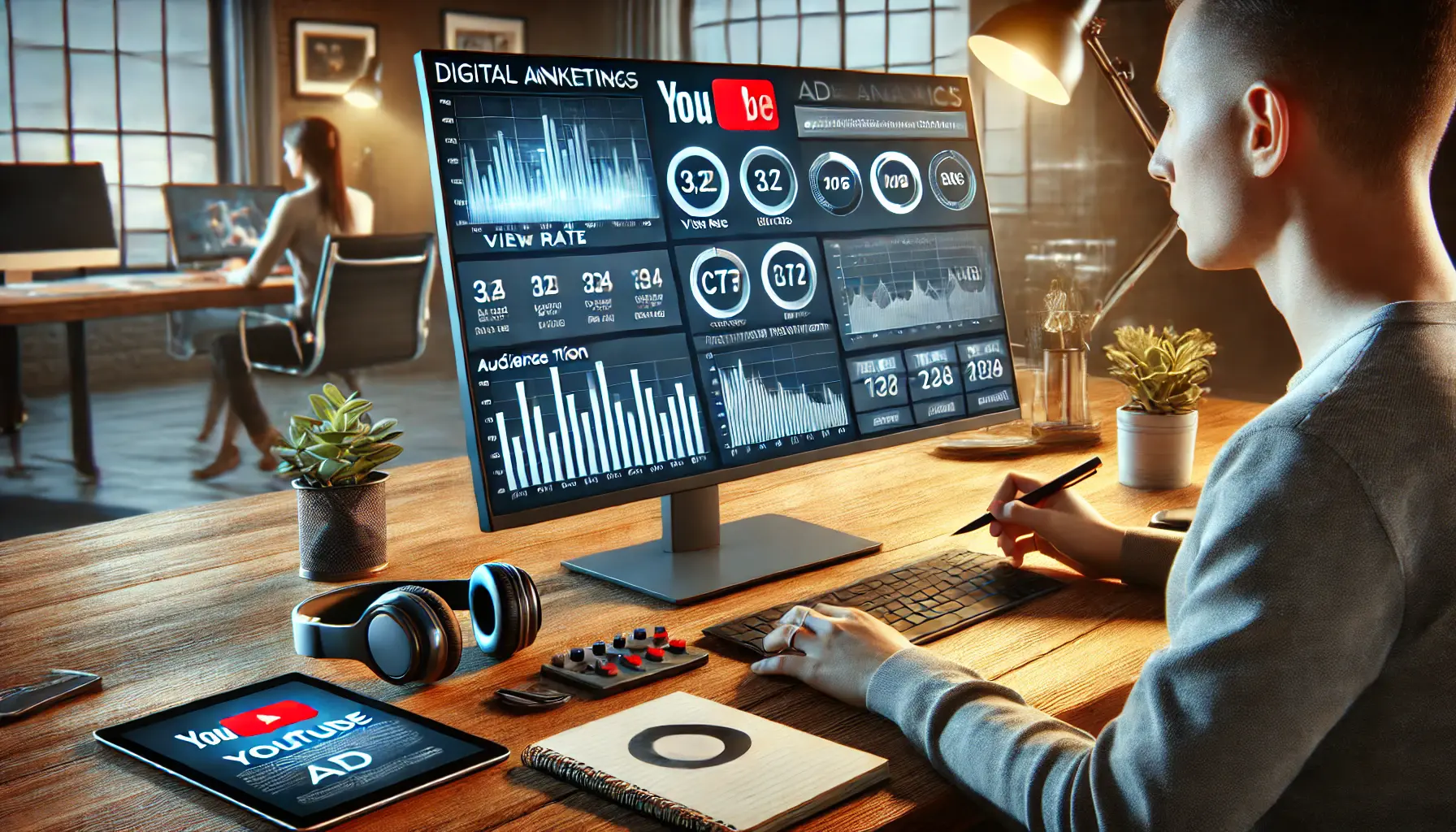 Marketer reviewing YouTube analytics on a computer screen, analyzing performance metrics and graphs.