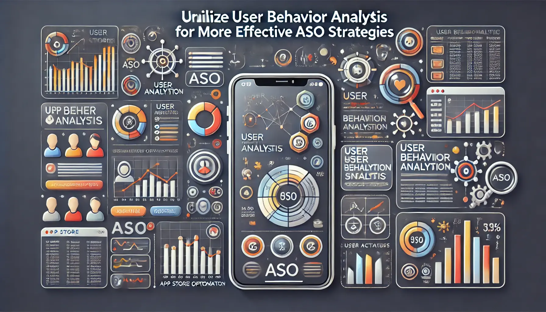 Image illustrating the use of user behavior analysis to enhance ASO strategies, featuring a mobile app interface with behavioral analytics tools, user activity icons, and data charts showing trends and insights.