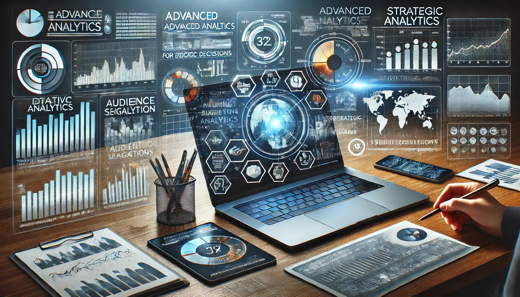 A digital workspace with data charts, predictive analytics, and strategic indicators representing the use of advanced analytics for decision-making.