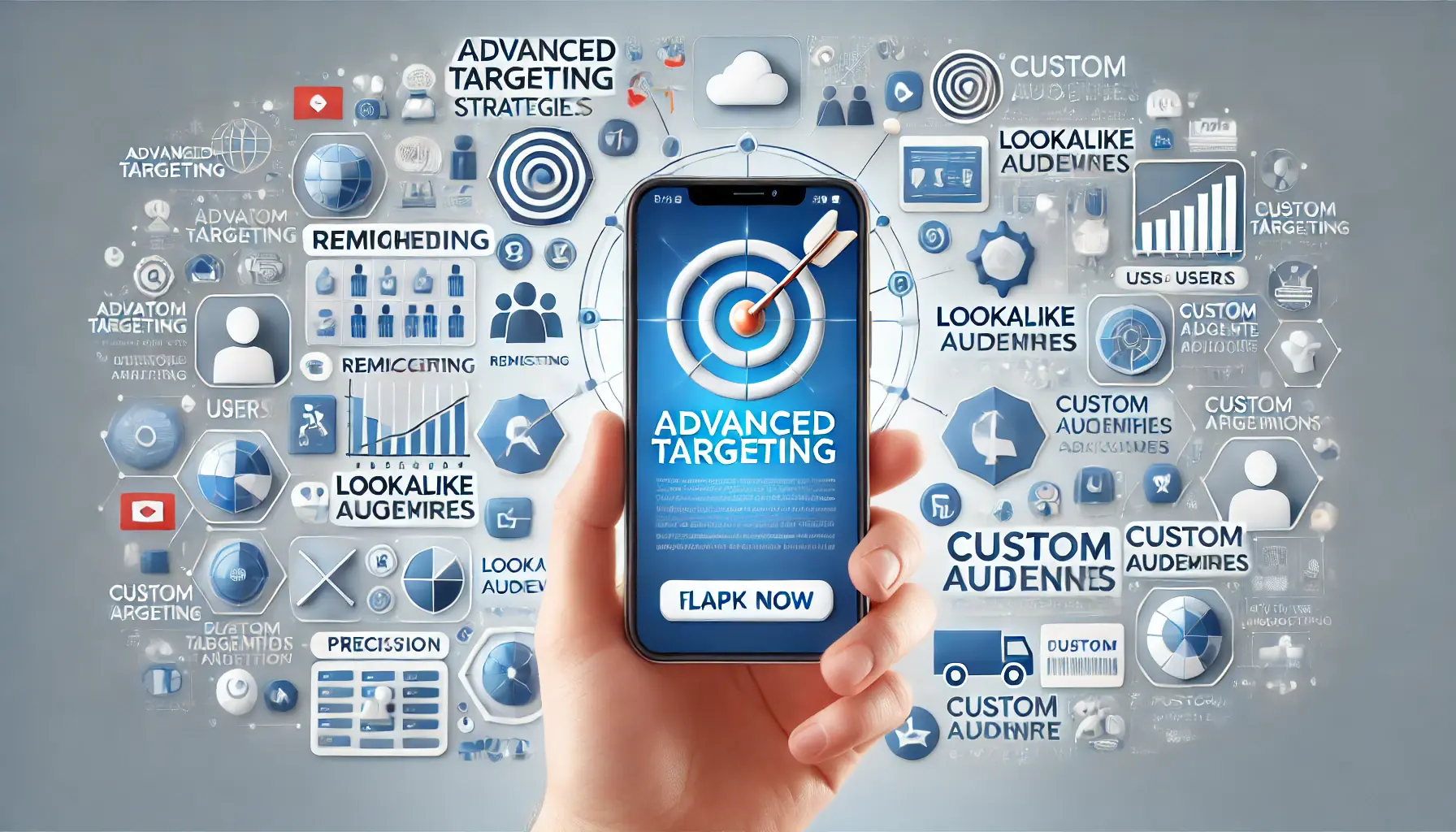 Smartphone displaying app ad surrounded by visual elements symbolizing advanced targeting strategies