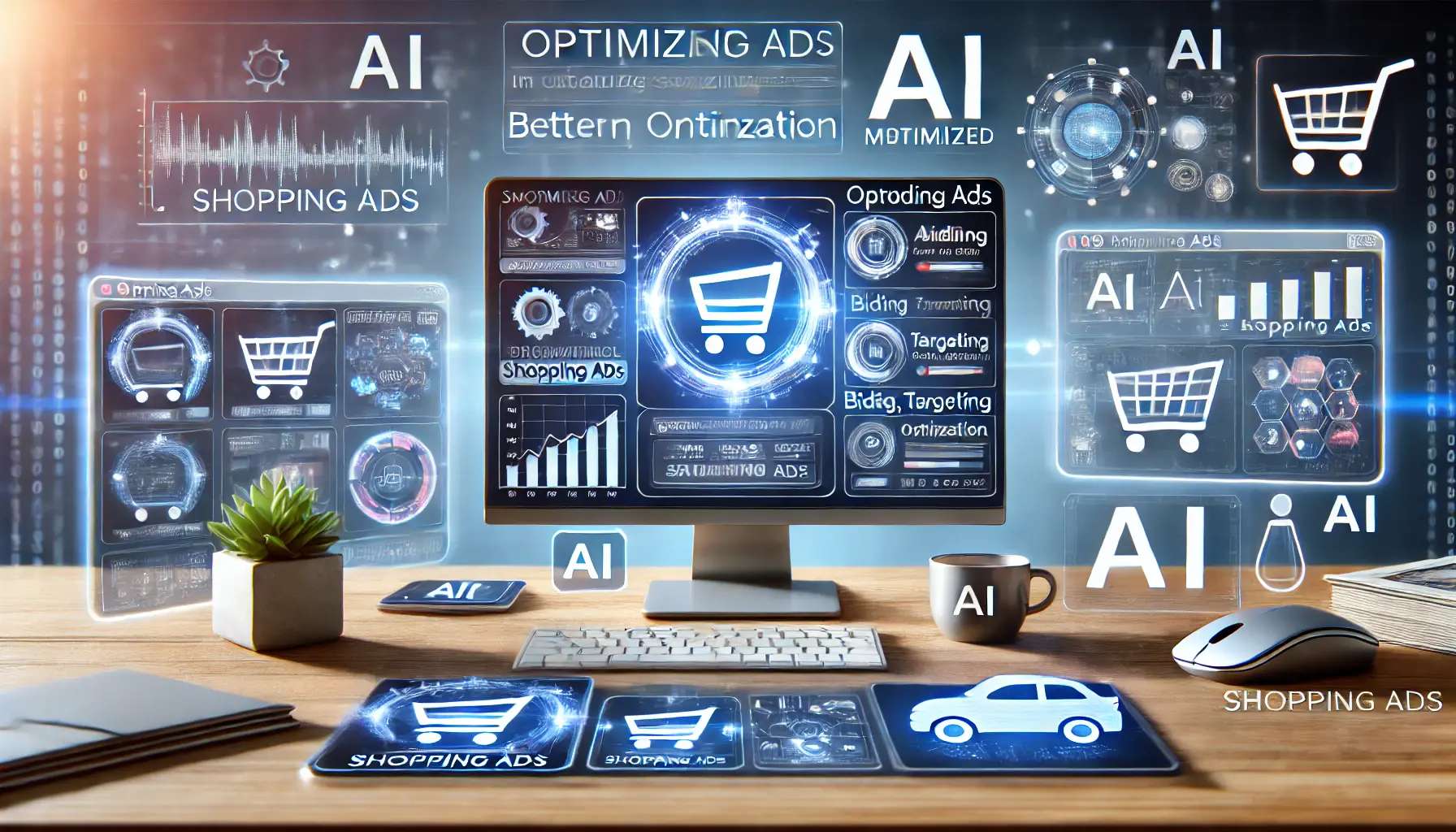 An image showing AI-driven tools optimizing Shopping Ads campaigns with data analysis, charts, and automated performance adjustments on a digital dashboard.