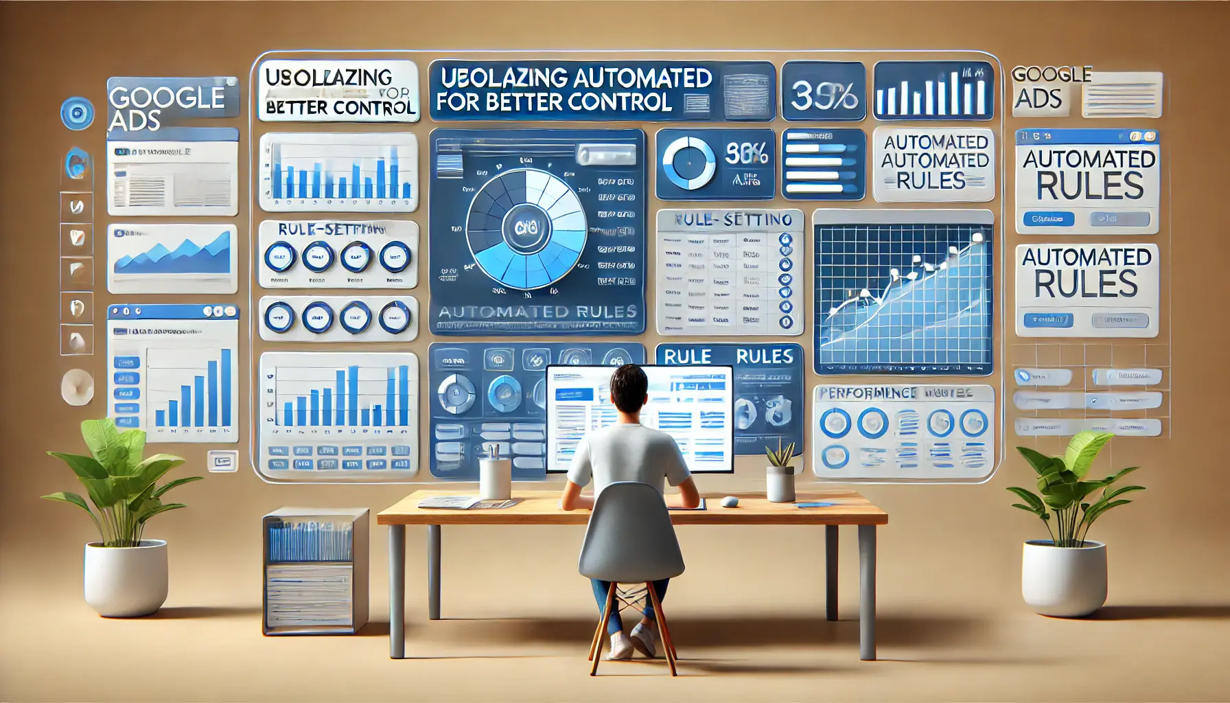 A digital marketing dashboard showing rule-setting options and scheduling grids for configuring automated rules in ad scheduling, along with performance metrics reflecting ad management automation.