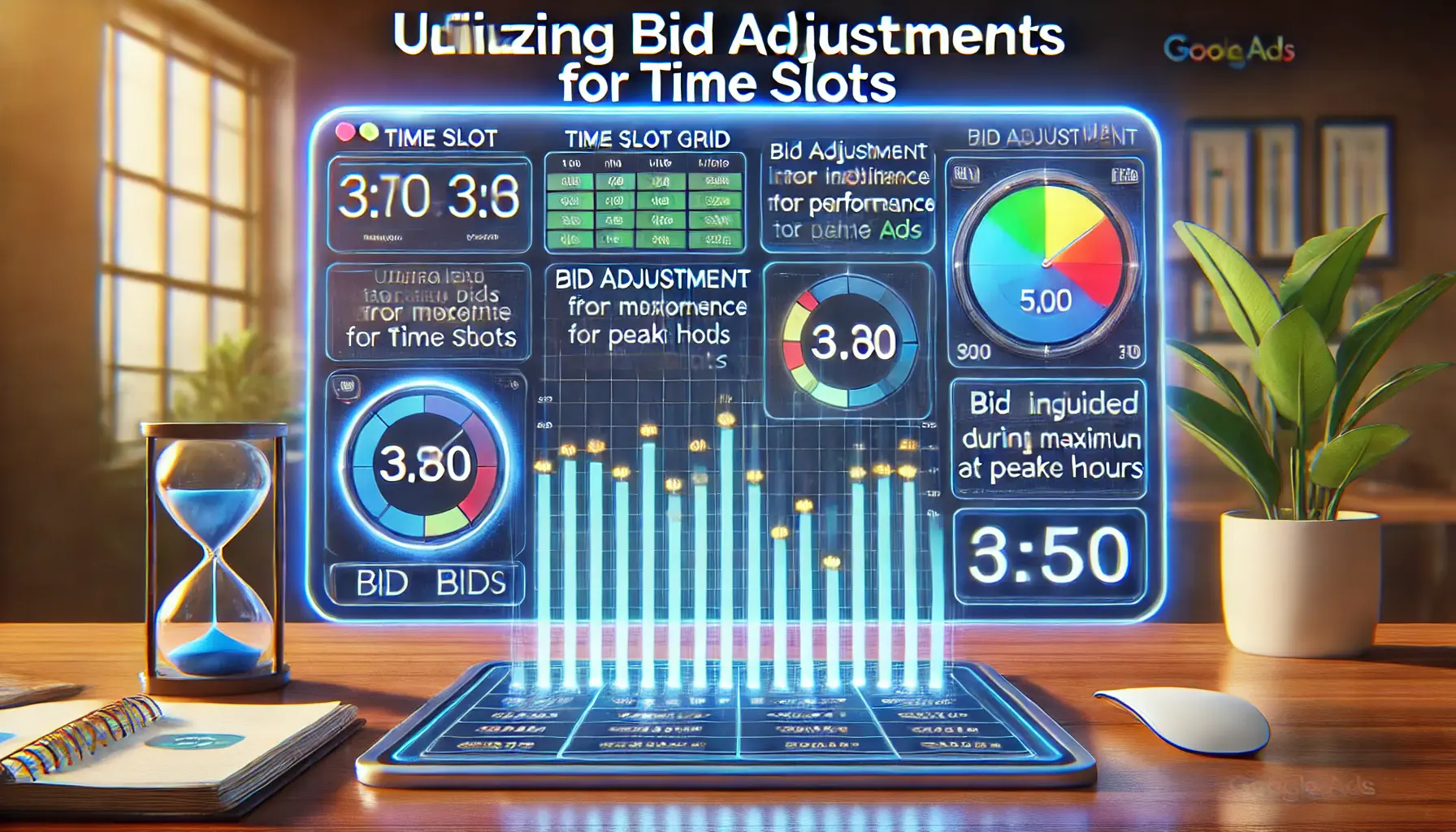 A digital marketing dashboard showing bid adjustment sliders and time slot grids, with performance metrics reflecting increased bids during peak hours for ad optimization.