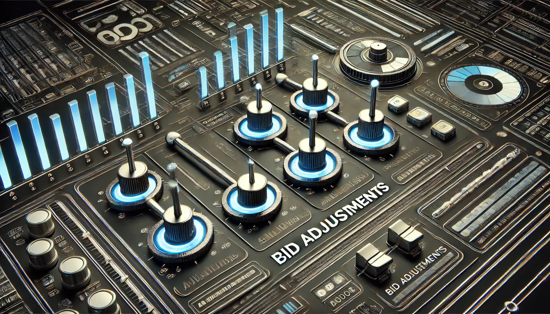 A visual representation of bid adjustments with sliders, dials, and interconnected data lines showing optimization in digital advertising.