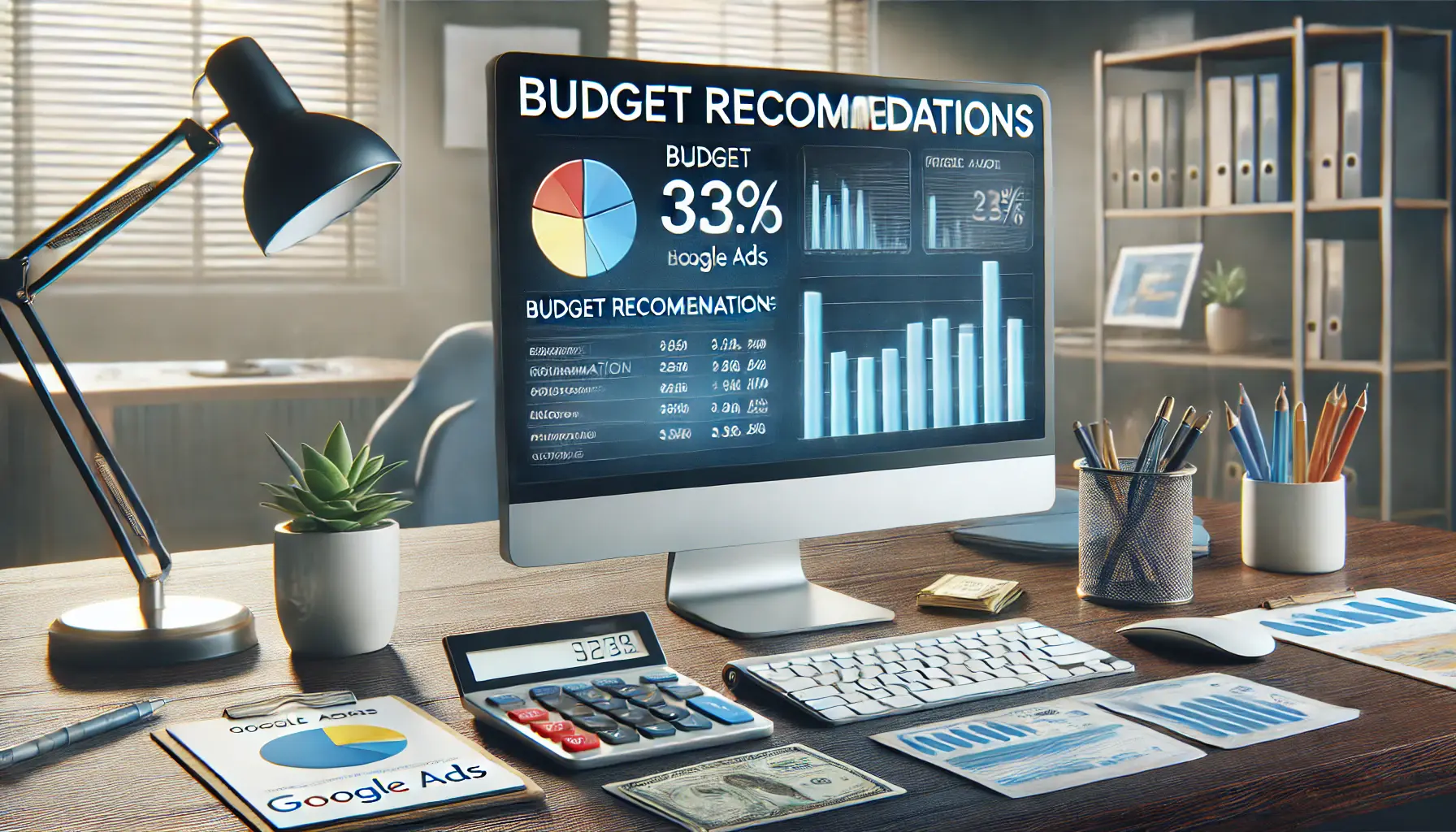 A modern office setup displaying budget recommendation analytics from Google Ads.