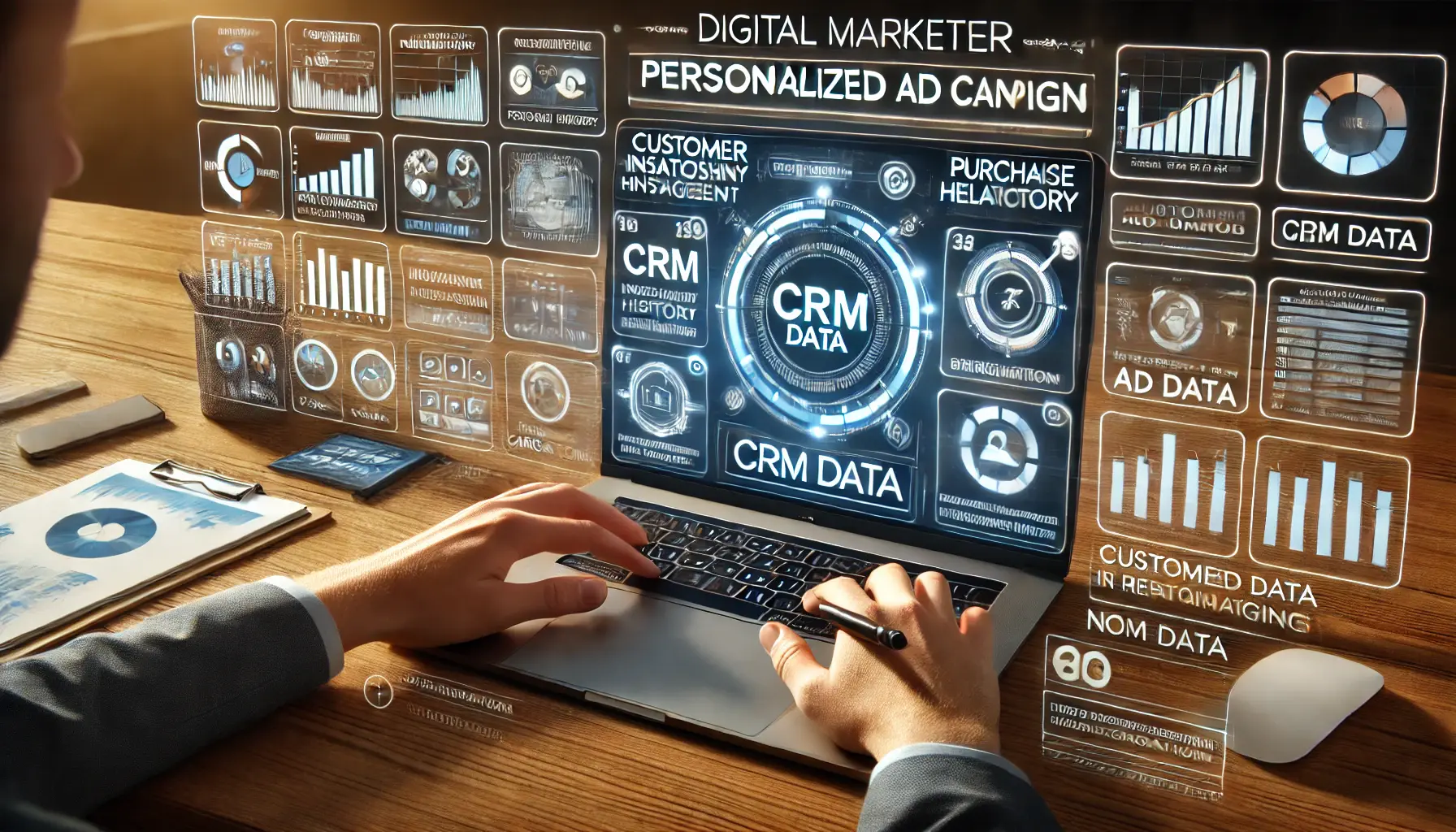 A digital marketer analyzing customer insights and CRM data to create personalized ad campaigns on a dashboard.