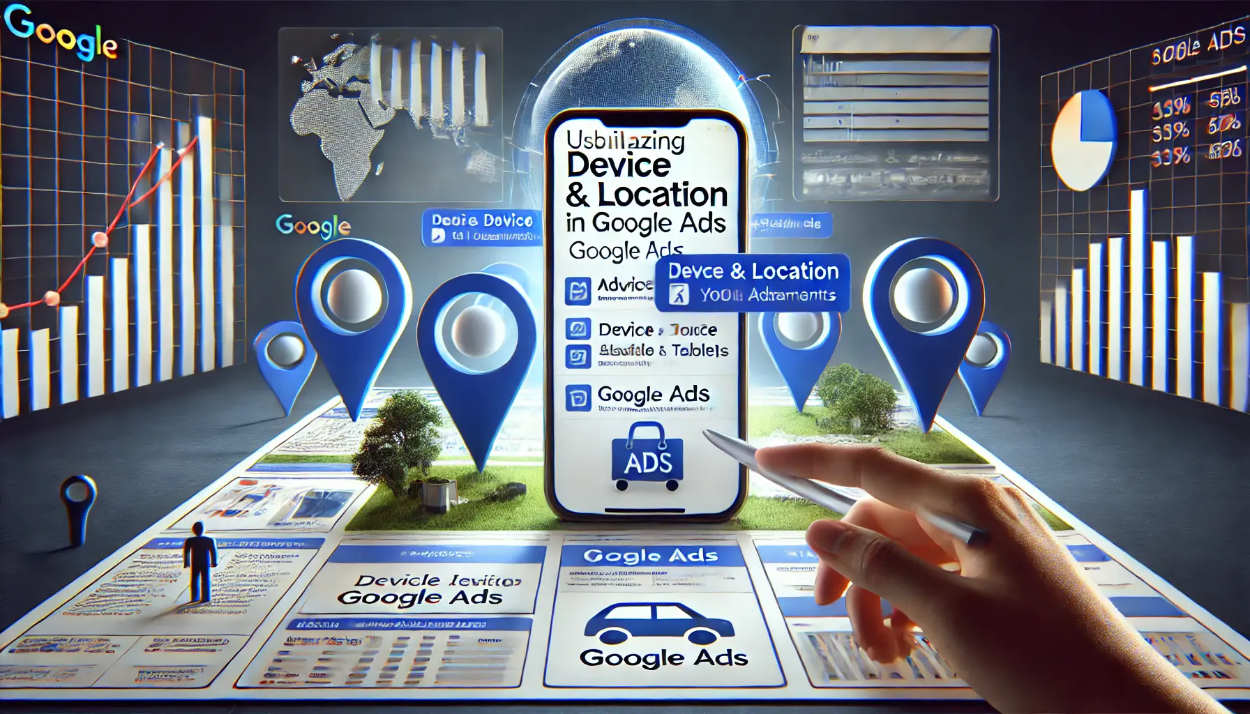 A realistic illustration depicting the concept of utilizing device and location adjustments in Google Ads, featuring a search engine results page (SERP) with ads optimized for different devices and location markers.