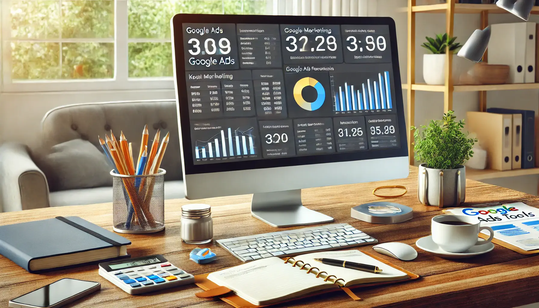 A digital marketing workspace showing a computer with Google Ads reporting tools displaying key metrics like impressions, click-through rates, and cost per acquisition.