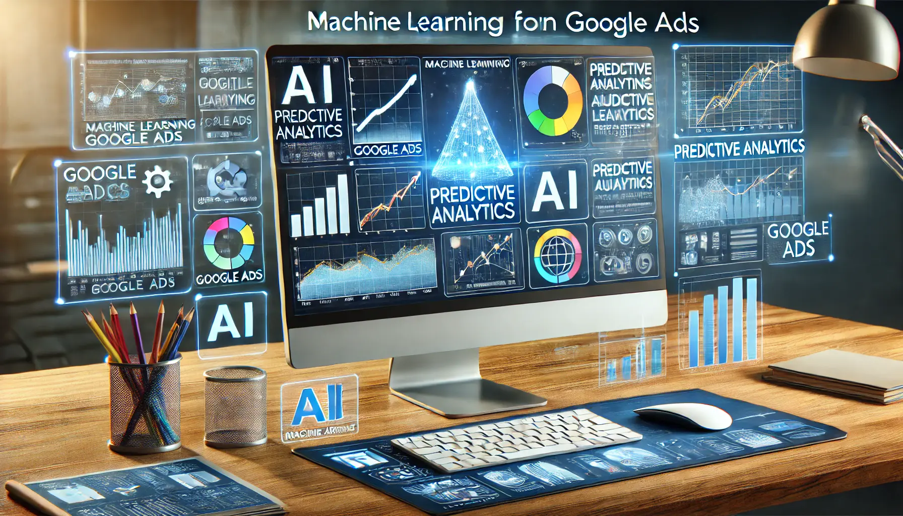 A digital marketing workspace displaying predictive analytics in Google Ads, with charts and graphs forecasting future ad performance based on machine learning and audience behavior predictions.