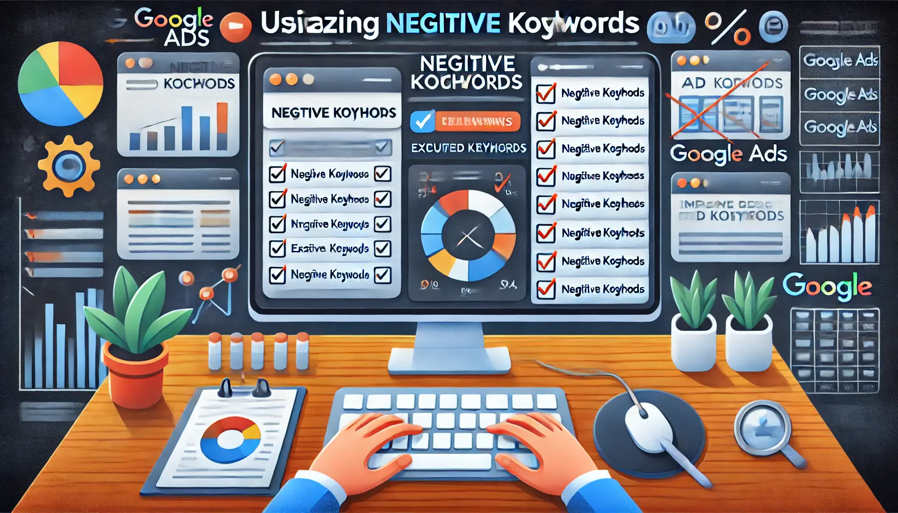 A visual representation of utilizing negative keywords in Google Ads, showing a person analyzing keyword settings on a computer.