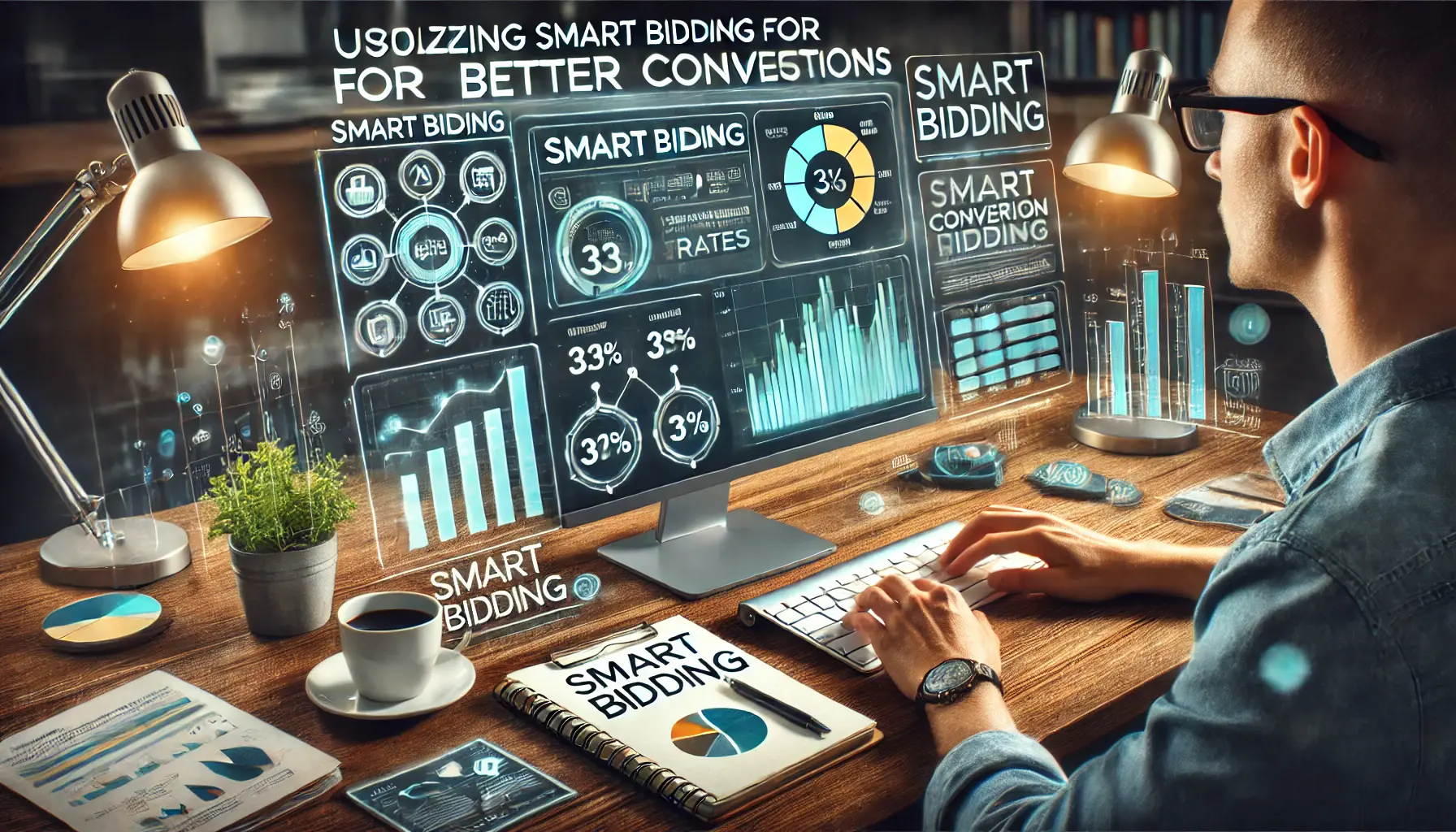 A digital marketing analyst reviewing Smart Bidding settings on a computer screen.