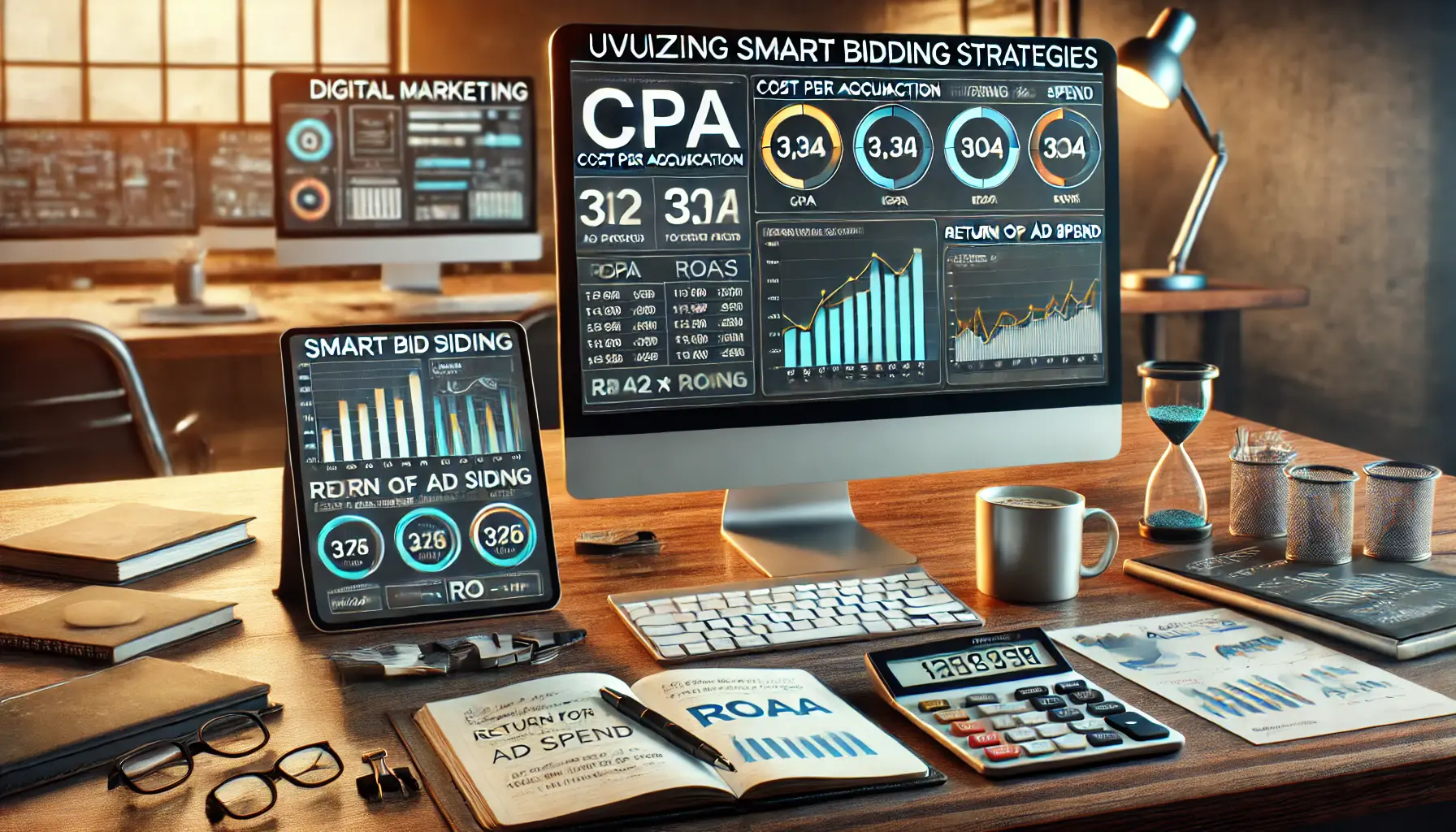 Digital marketing workspace with a computer displaying smart bidding analytics, a tablet showing real-time bidding adjustments, and other strategic tools.