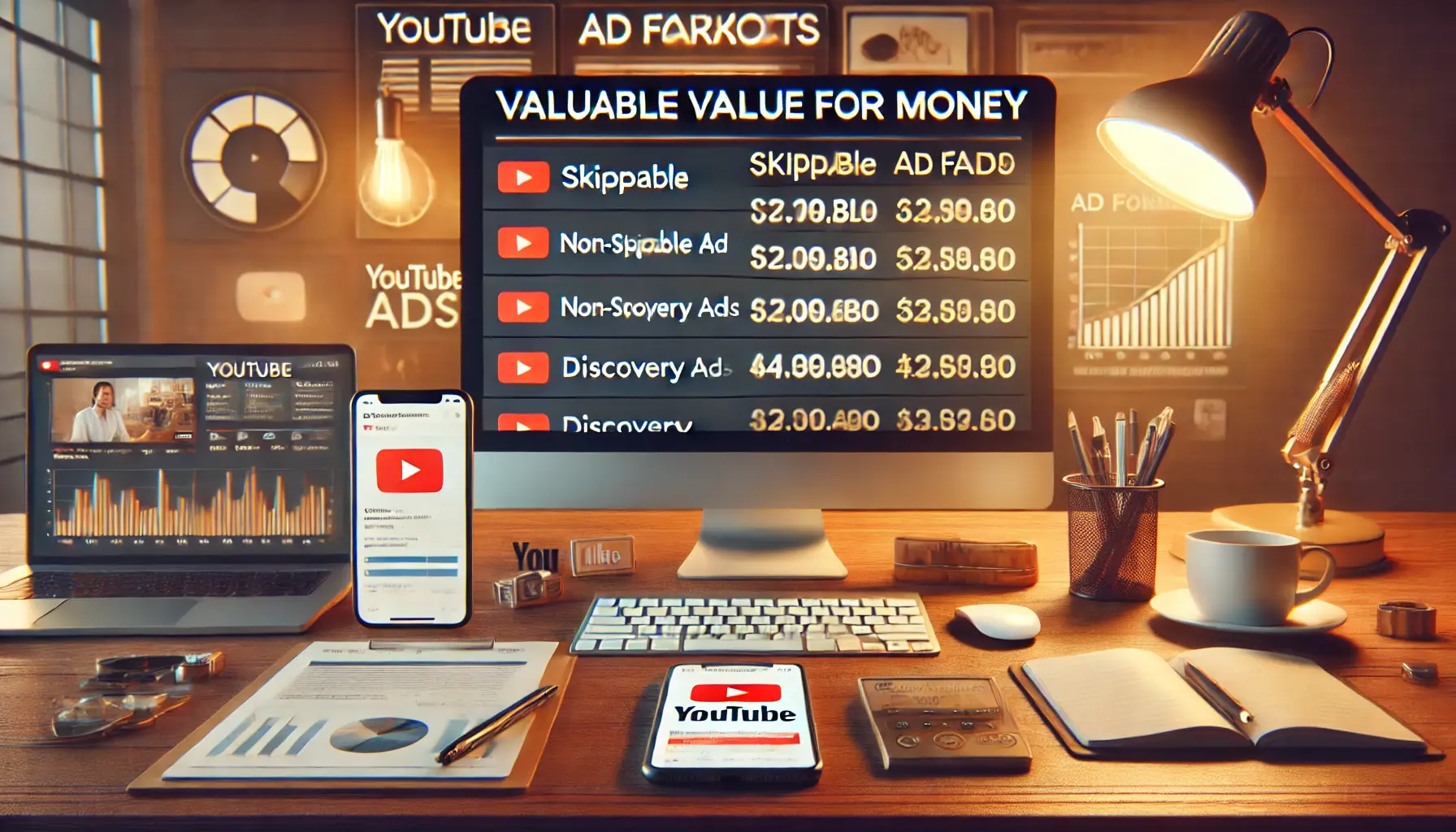 A realistic image of a workspace with a computer displaying YouTube ad format options, symbolizing cost-effective ad formats in YouTube advertising.