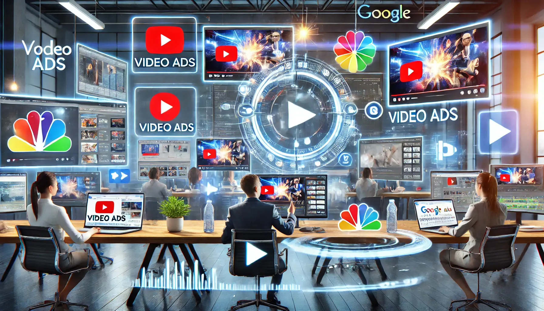 A digital marketing workspace with a user interacting with video ads on platforms like YouTube, showing video timelines, play buttons, and dynamic ad visuals on multiple screens.