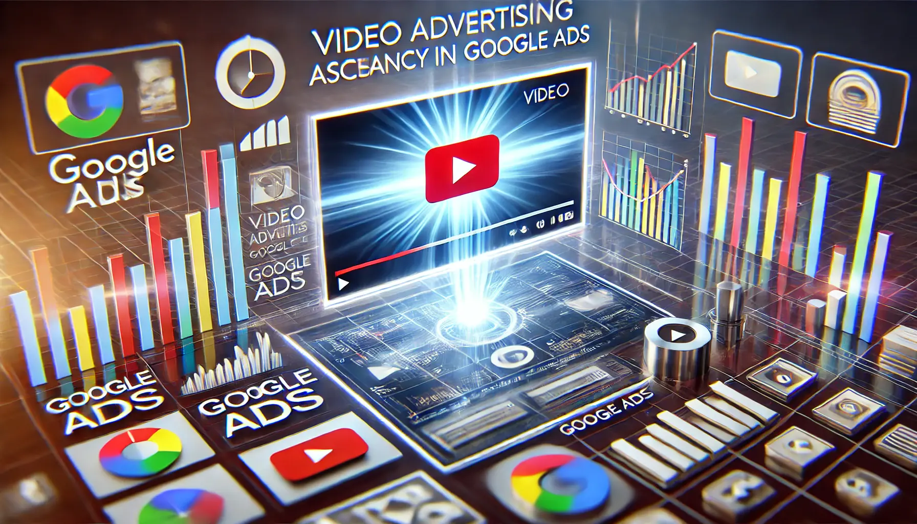 A digital marketing scene with a Google Ads dashboard showing video ads, performance graphs, and various digital marketing icons symbolizing video advertising growth.