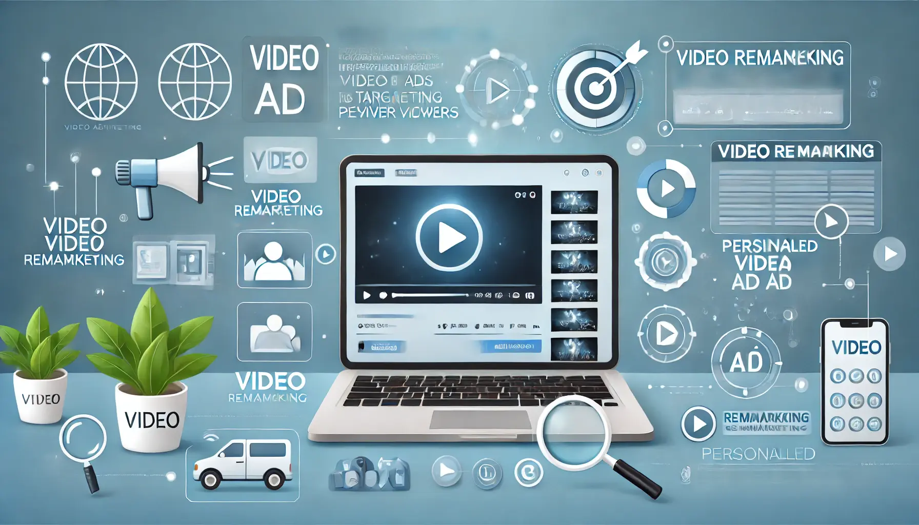 Digital marketing scene with a video player interface showing targeted video ads, representing video remarketing.