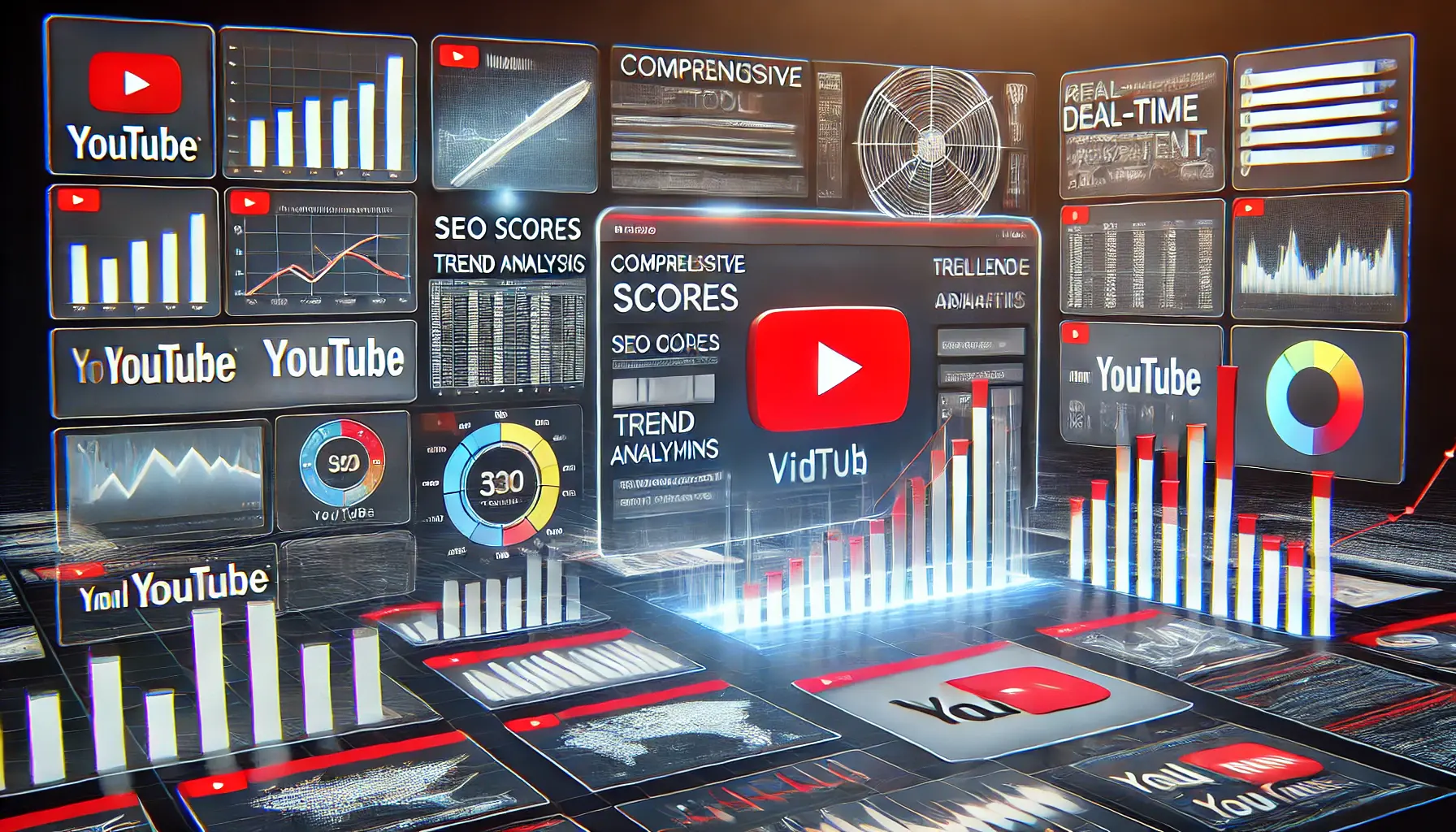 An illustration of VidIQ’s tools for optimizing YouTube content, featuring SEO scores, trend analysis, and real-time data metrics with YouTube's red accents.