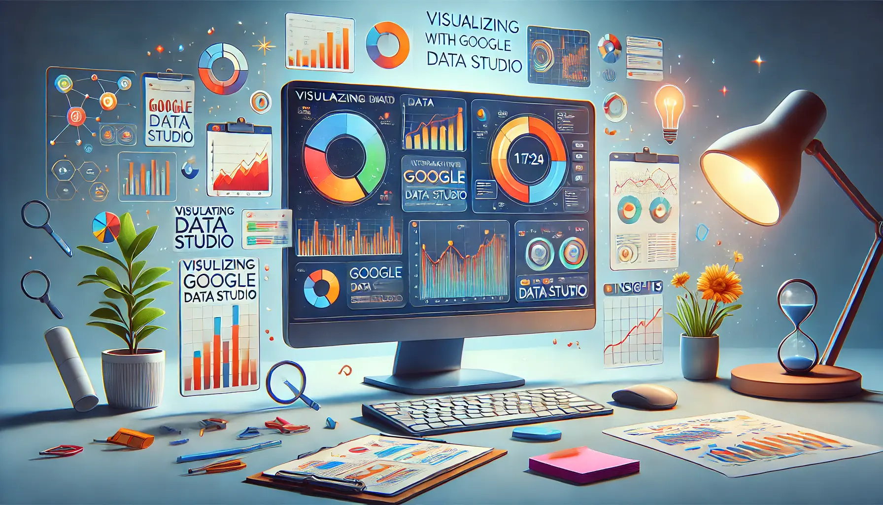 Image depicting a digital workspace with a computer showing an interactive dashboard created with Google Data Studio, featuring colorful charts and graphs.