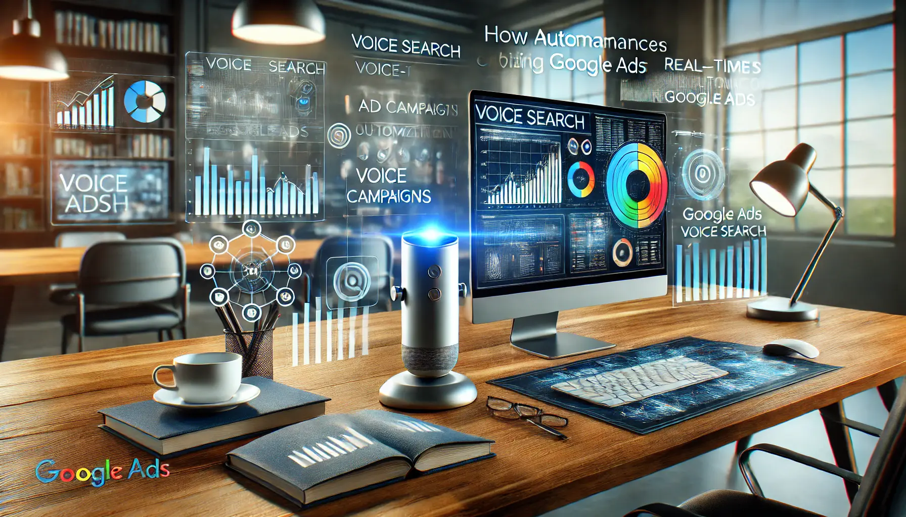 A professional workspace displaying analytics and voice-activated tools optimizing ad campaigns, with a voice assistant device on the desk.