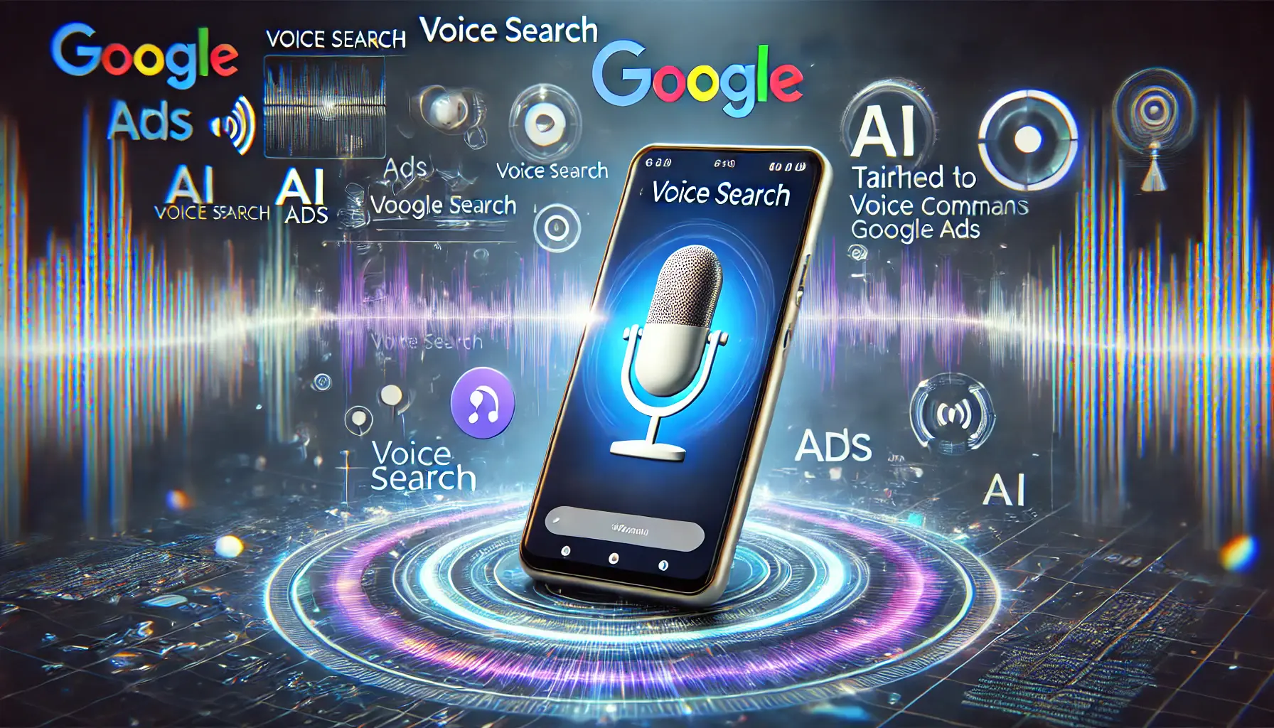 A smartphone displaying an active voice search interface with a virtual assistant symbol, surrounded by icons representing voice search, AI-driven ads, and speech recognition technology