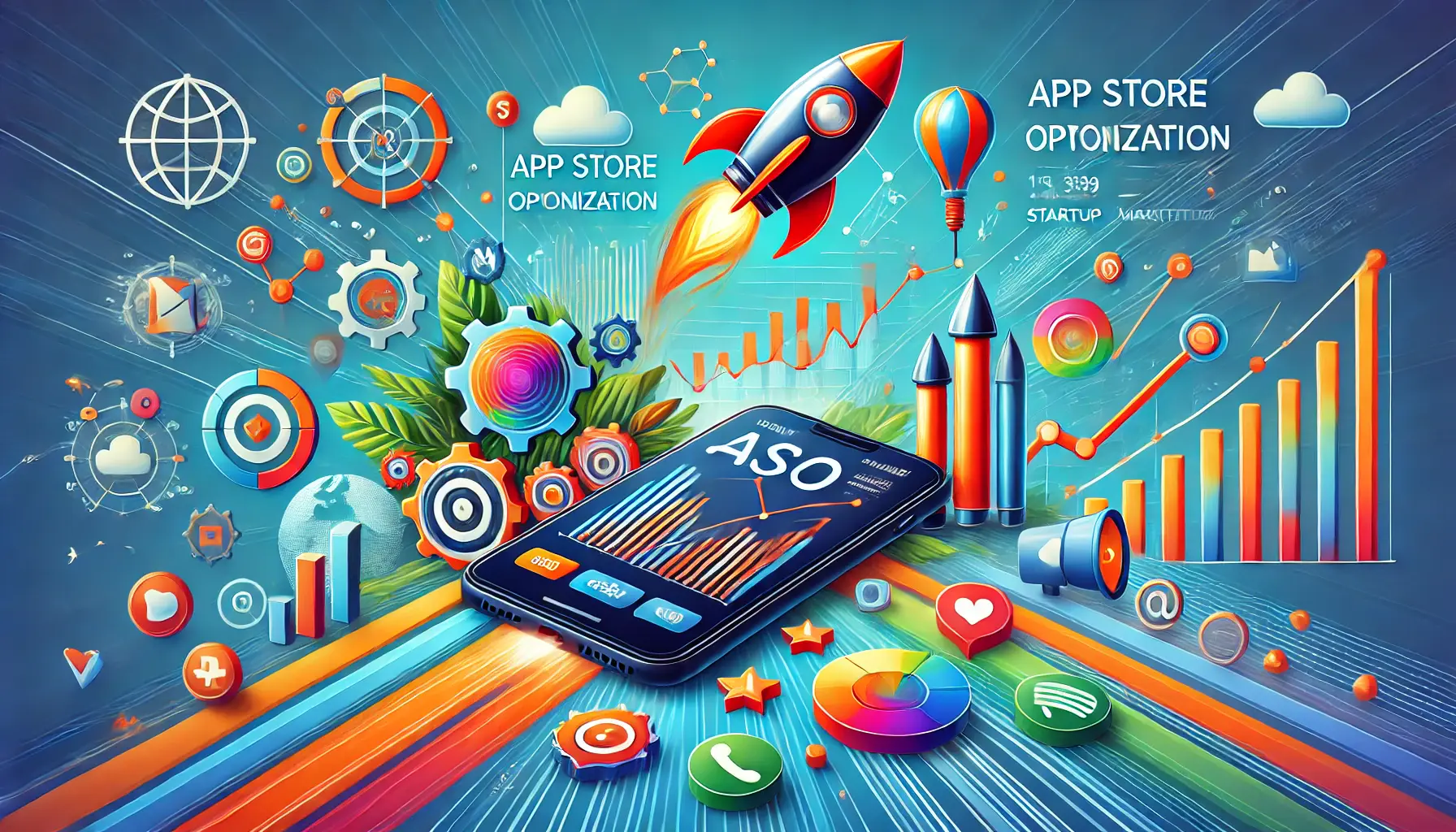 Illustration representing methods to enhance ASO performance through startup marketing, featuring a mobile device with app analytics, surrounded by marketing icons like a megaphone, social media icons, and a rocket.