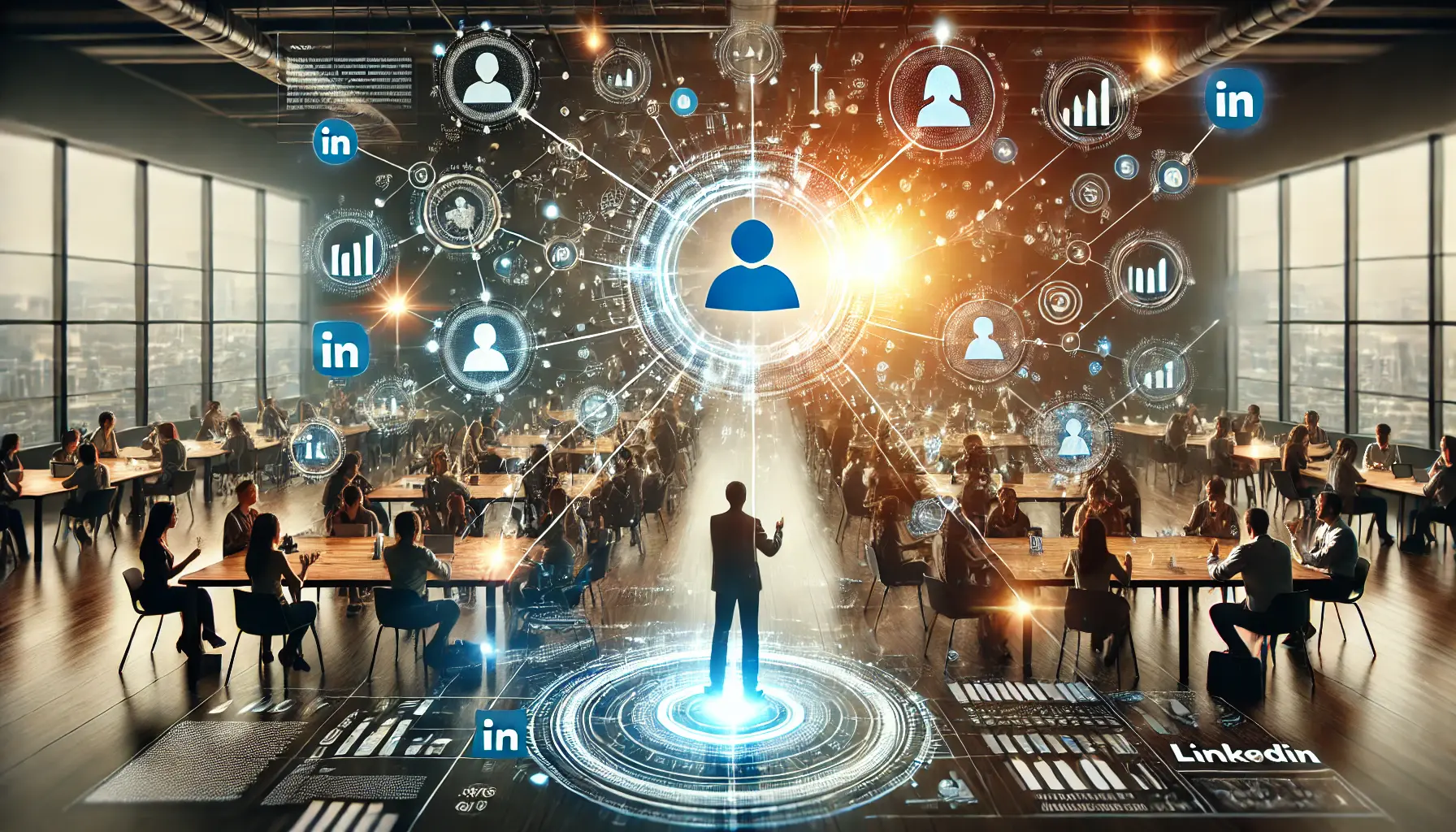 A thriving digital network with interconnected profiles, active engagement, and collaborative interactions, symbolizing the power and influence of a strong LinkedIn community.