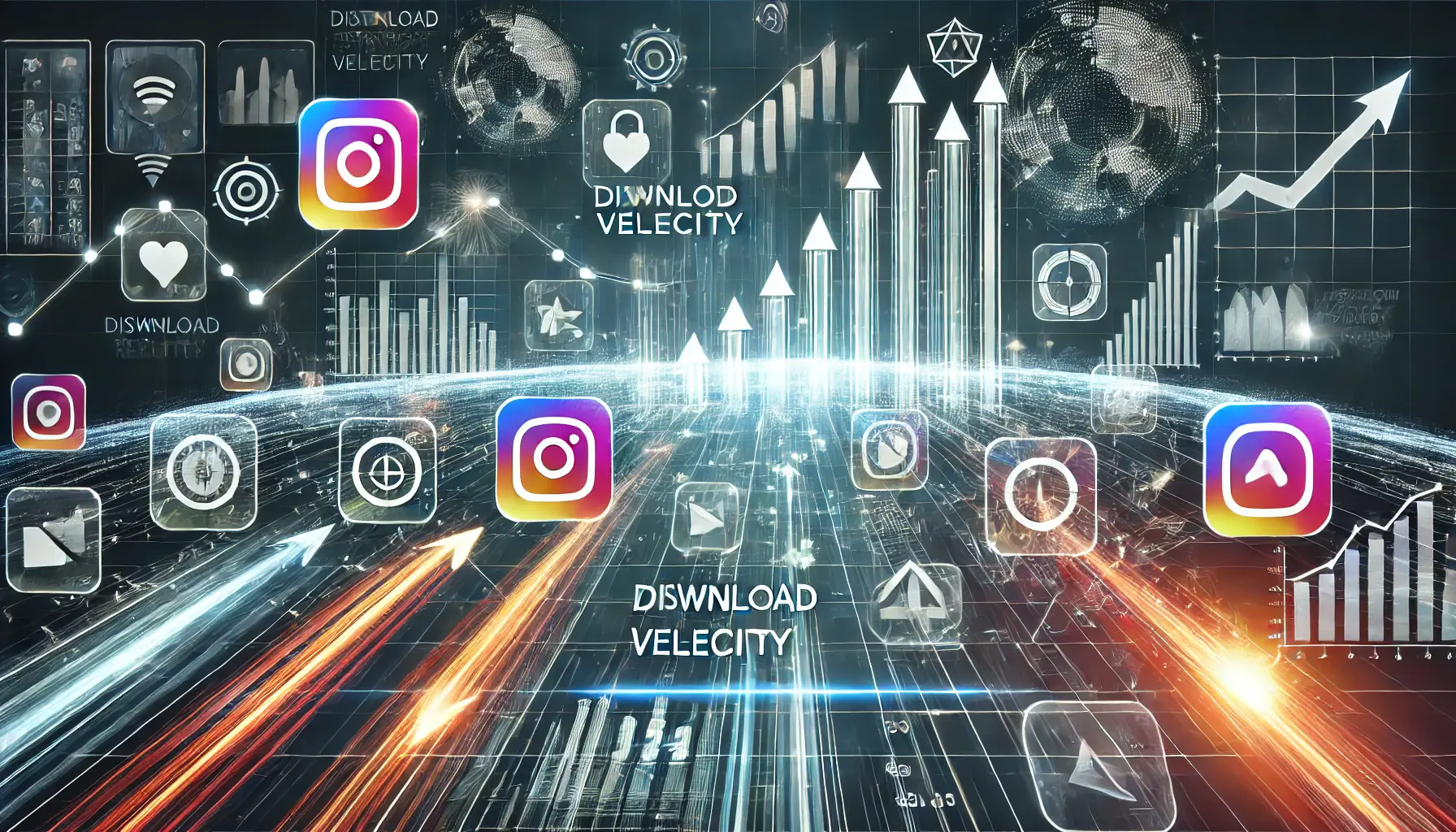 Abstract visualization showing factors affecting app store rankings with app icons, progress lines, and arrows rising to represent digital growth and download velocity.