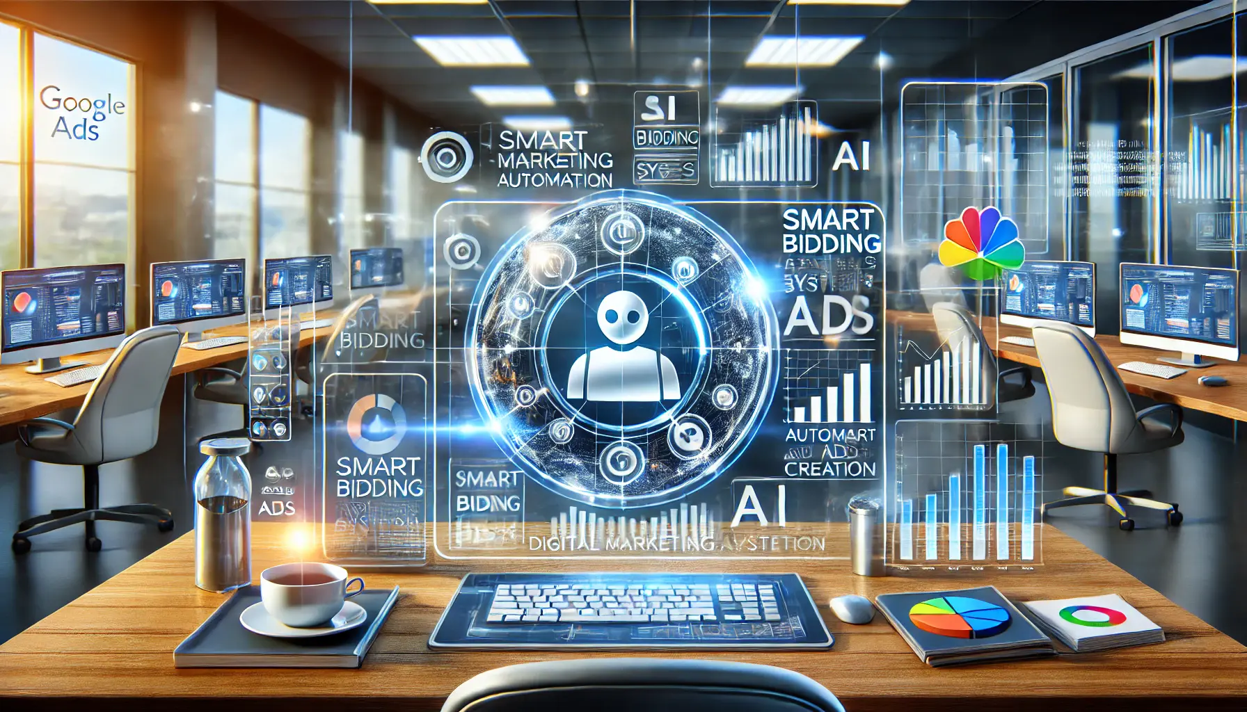 A digital marketing workspace showcasing a modern dashboard with AI-driven algorithms working in harmony for automated ad management.