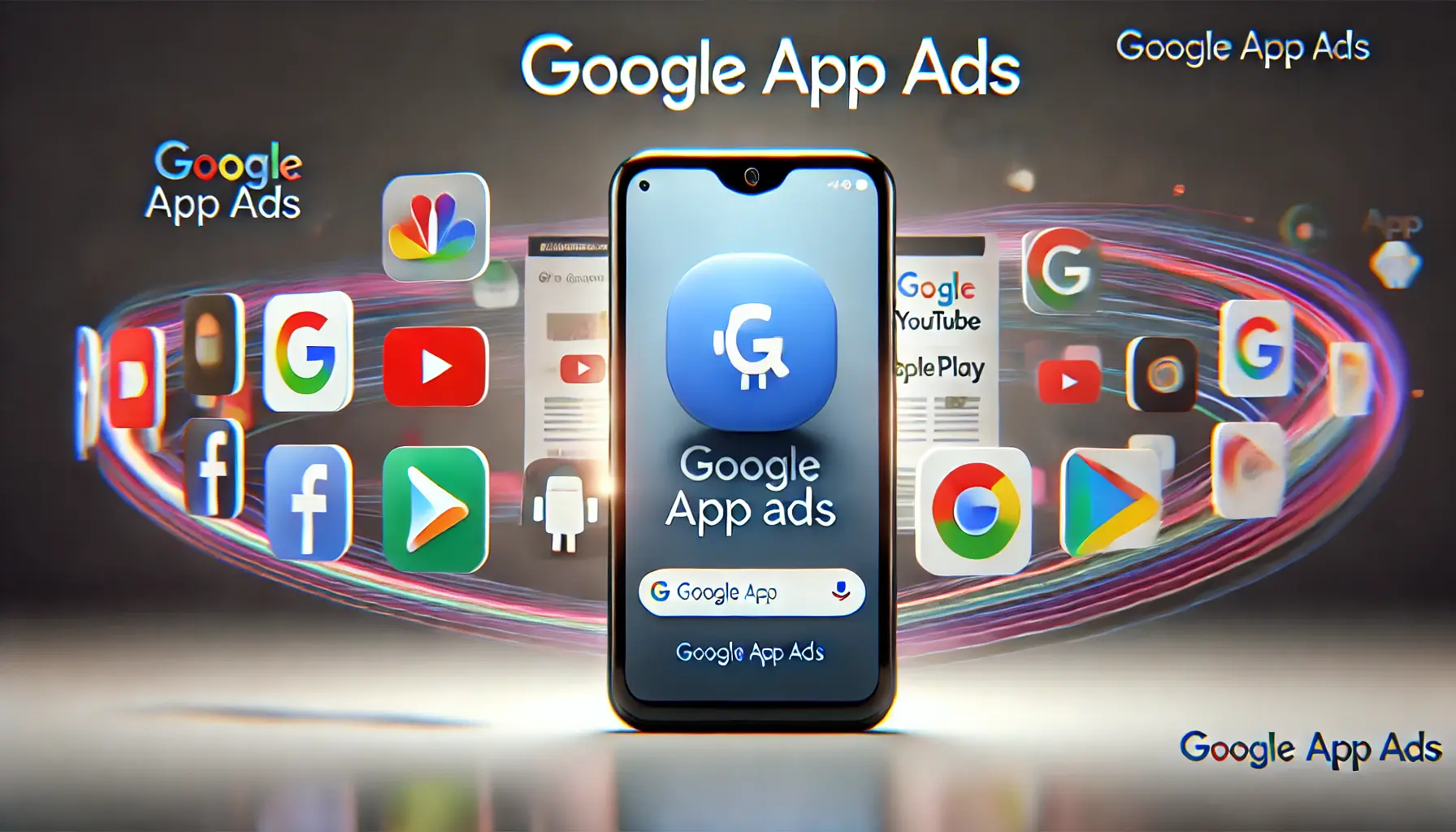 Smartphone displaying Google app promotion with icons of Google platforms in the background