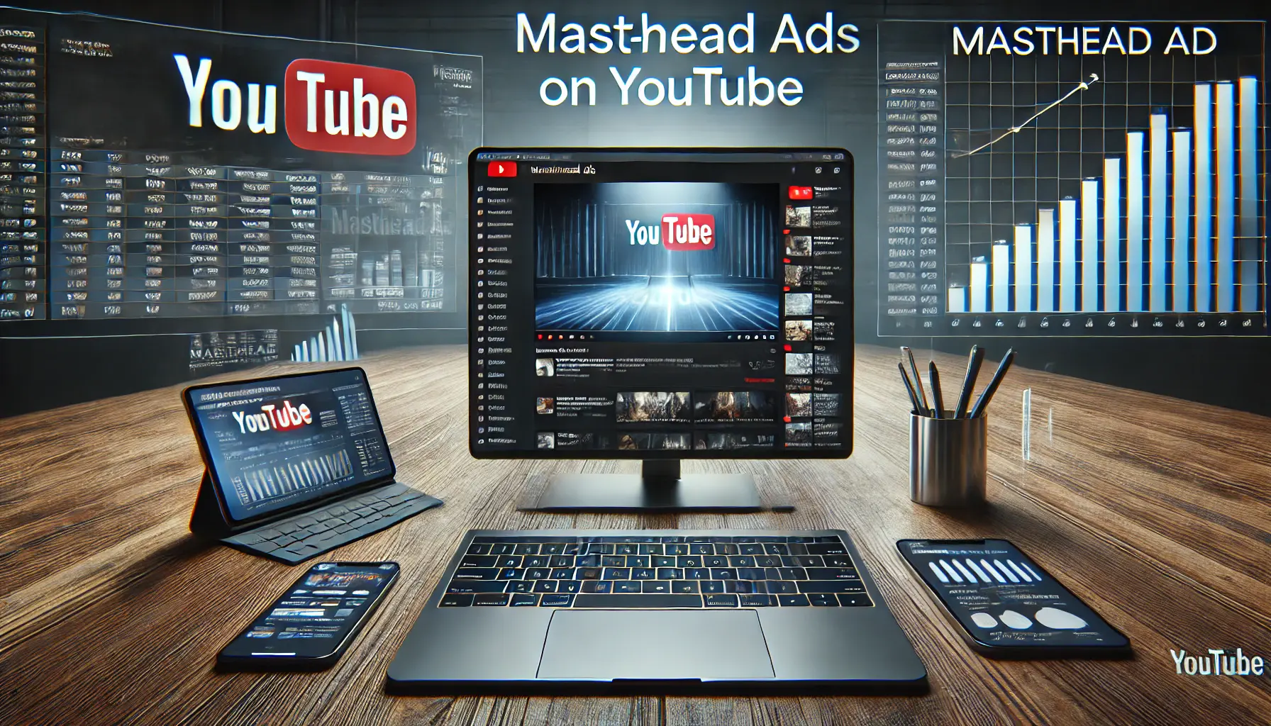 Laptop screen displaying a prominent Masthead ad on YouTube's homepage in a digital marketing workspace with campaign data on other devices.