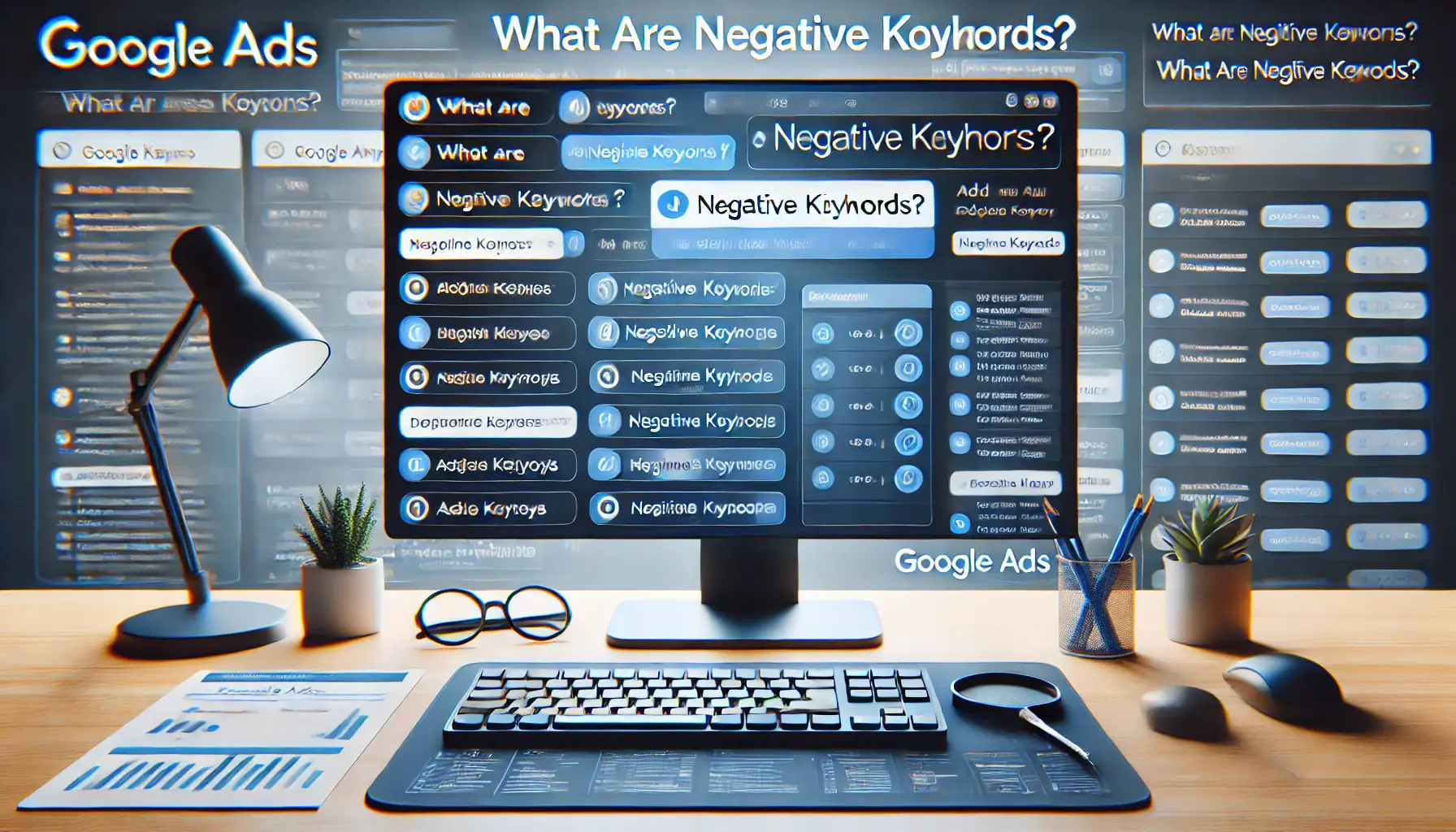 Digital ad management environment showing a keyword management tool with negative keywords filtered out.