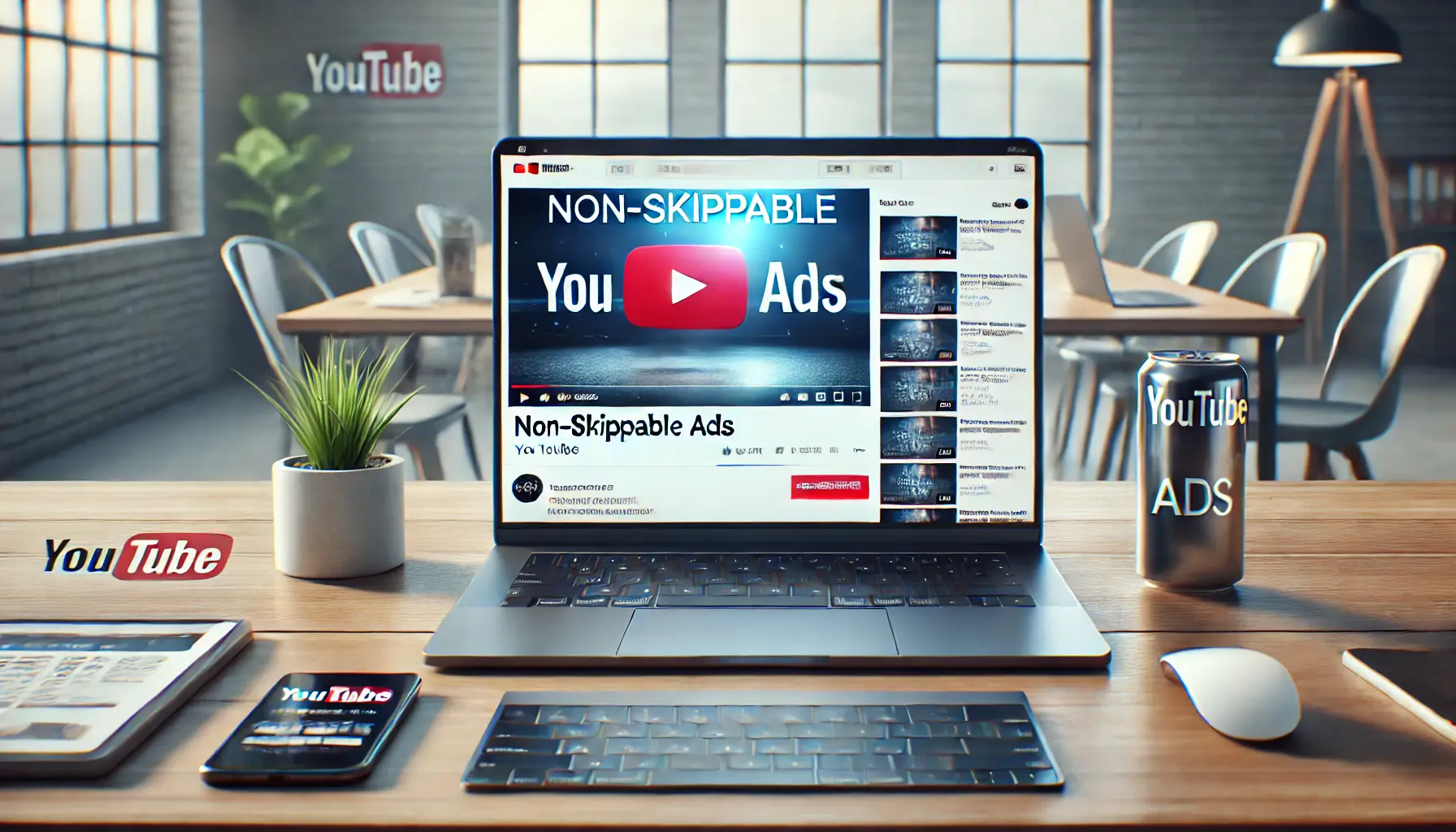 Laptop screen displaying an unskippable YouTube ad, set in a digital marketing workspace with additional devices.