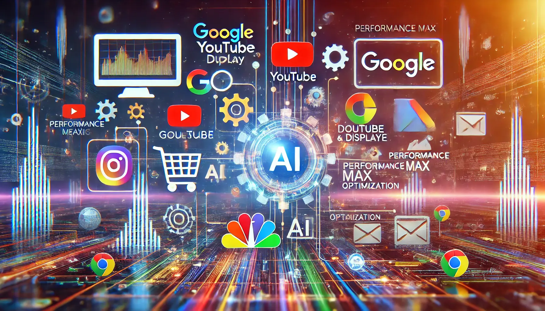 Abstract digital network illustrating interconnected platforms like Google Search, YouTube, and Gmail, symbolizing unified advertising and automation.