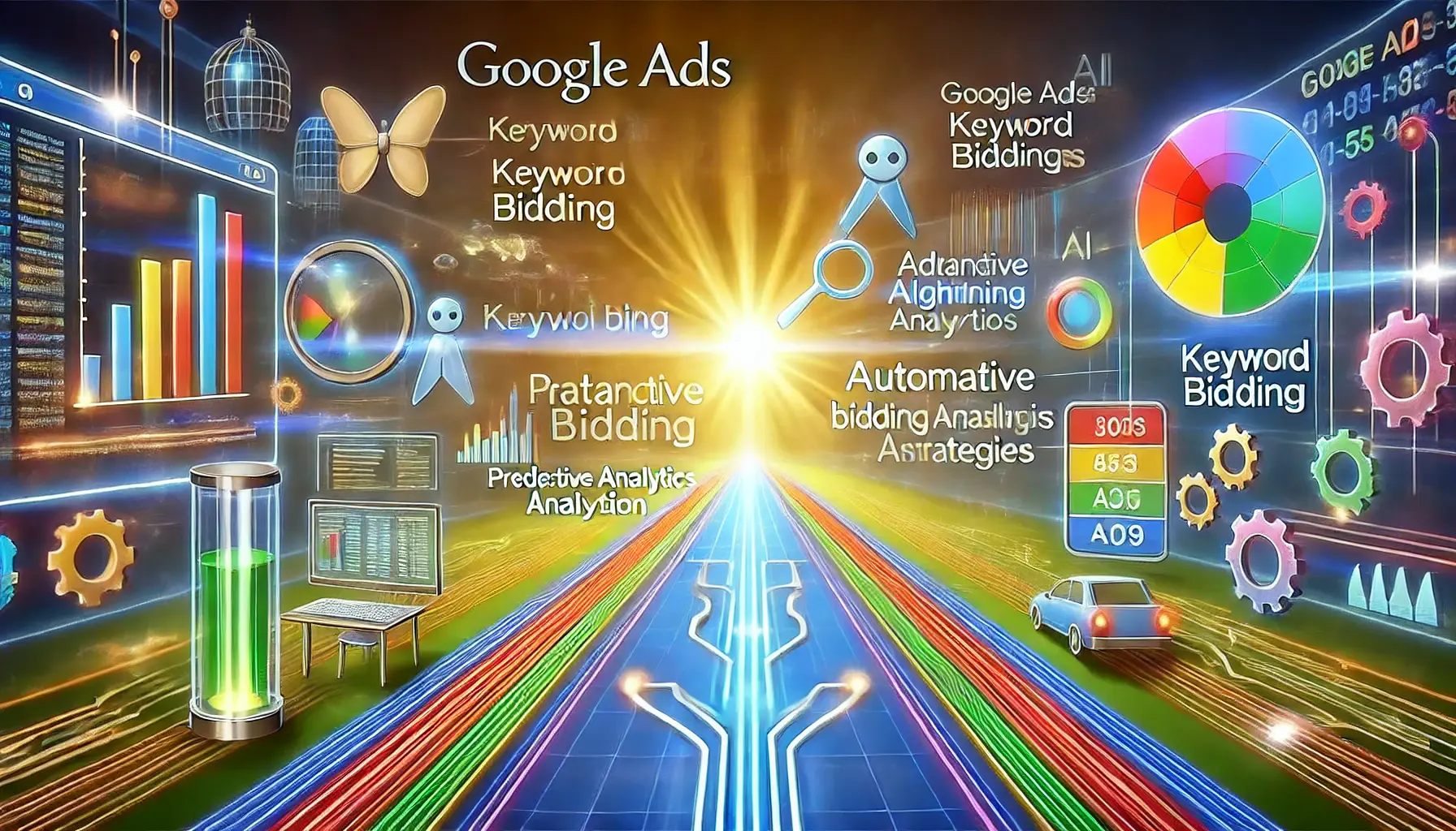 A futuristic digital marketing illustration depicting the future of Google Ads' keyword bidding, featuring advanced algorithms and AI-driven strategies.