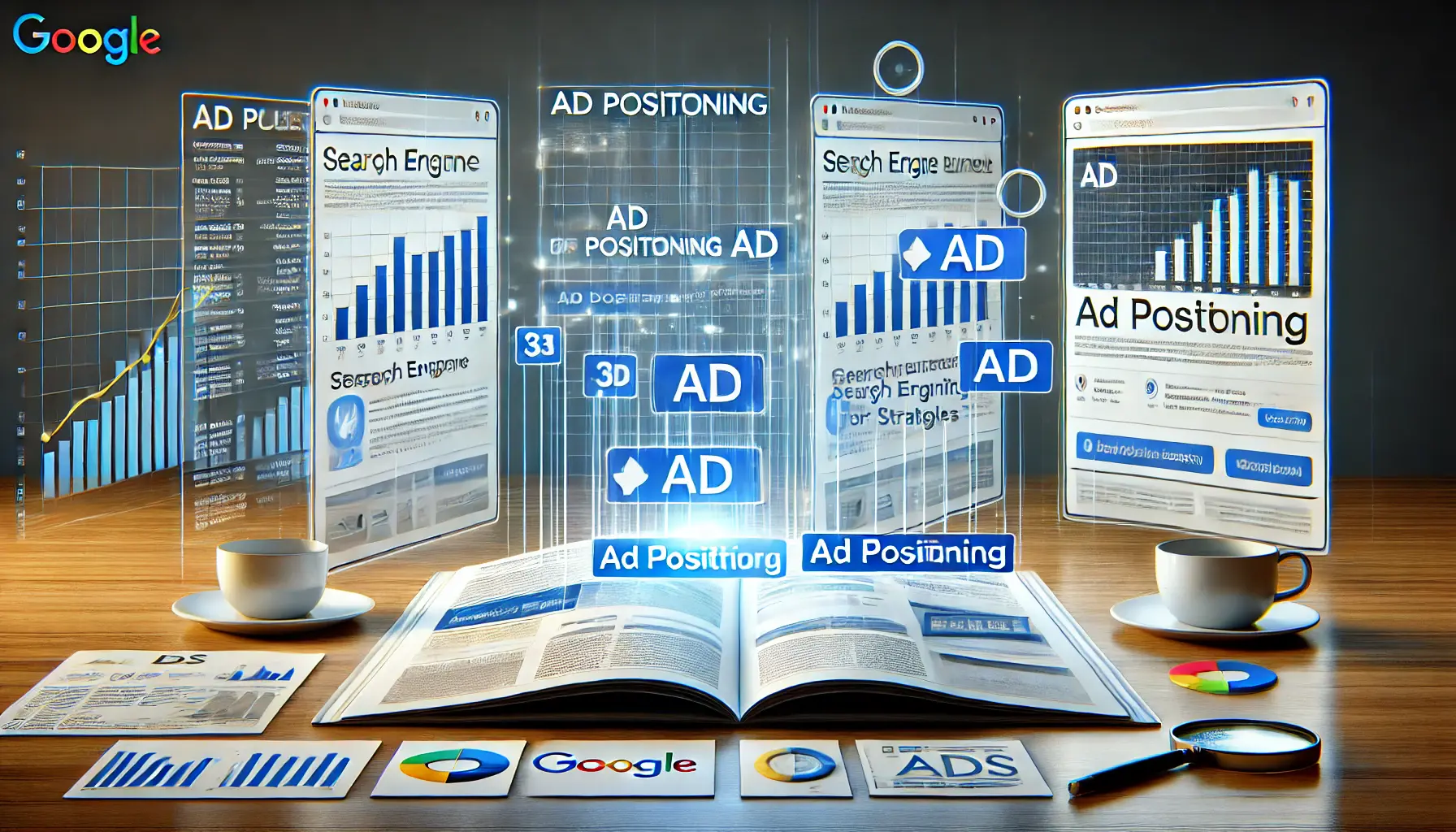 A realistic depiction of ad positioning in digital marketing, showcasing a search engine results page (SERP) with multiple ads positioned at varying levels.